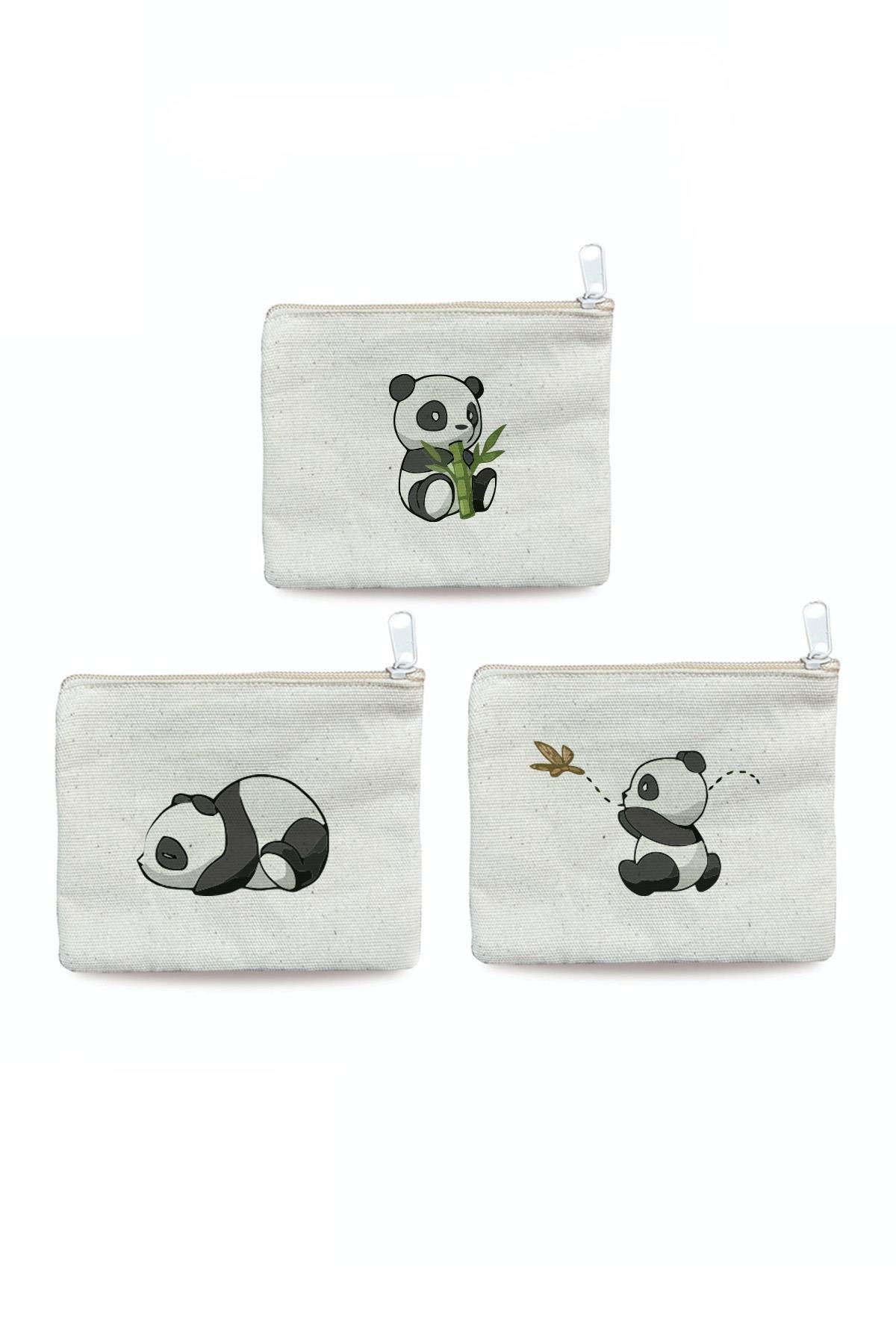 3'lü Panda Baskılı Kanvas Cüzdan