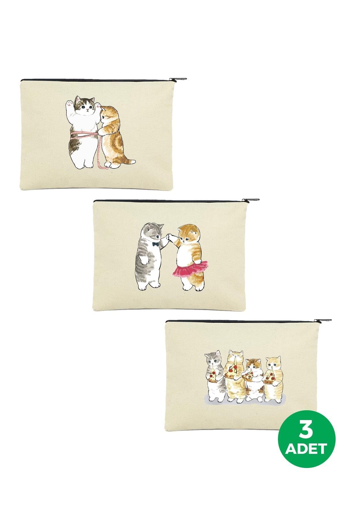 3'lü Kedi Serisi Baskılı Kanvas Clutch