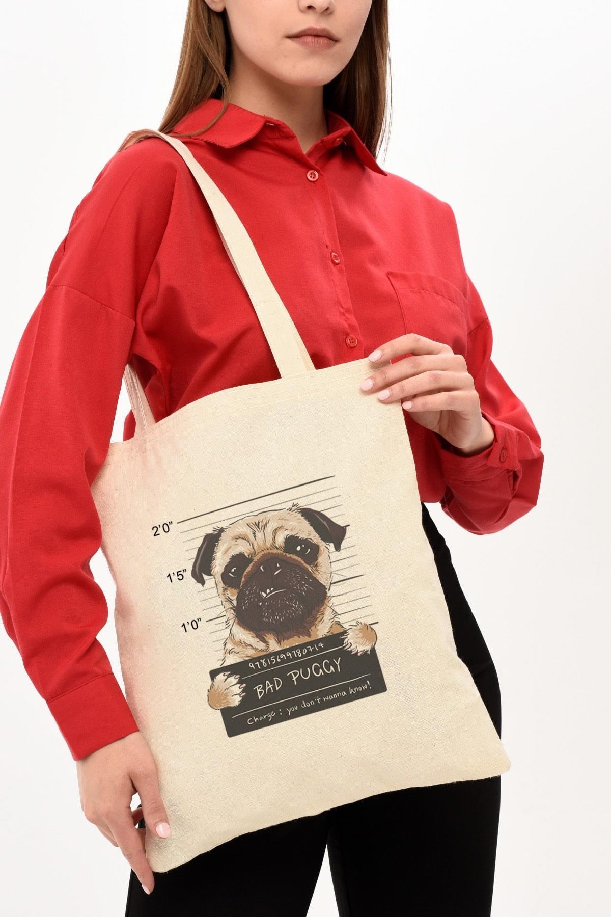 Bad Puggy Baskılı Ham Bez Çanta