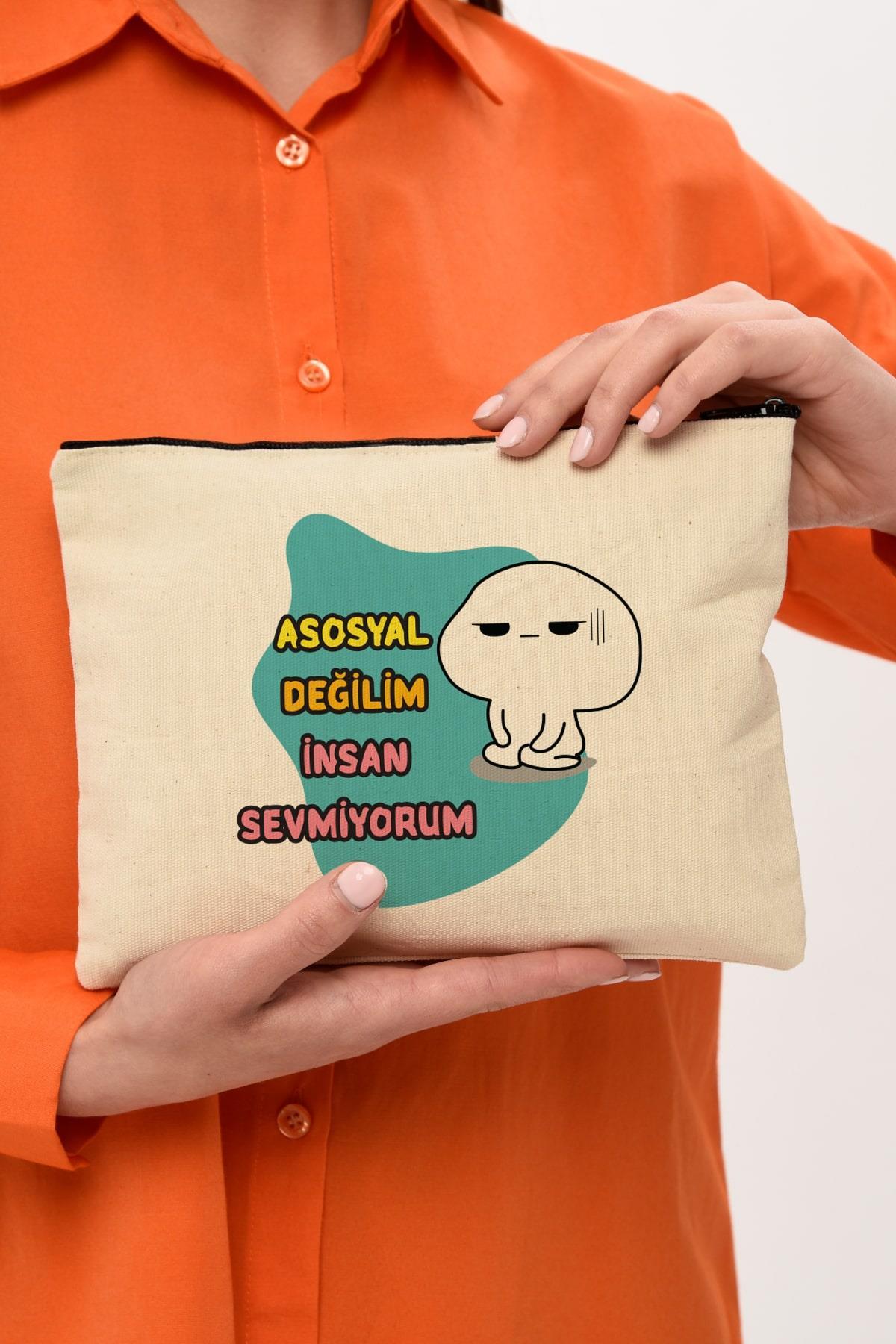 Clutch Asosyal Baskılı Kanvas Makyaj Çantası