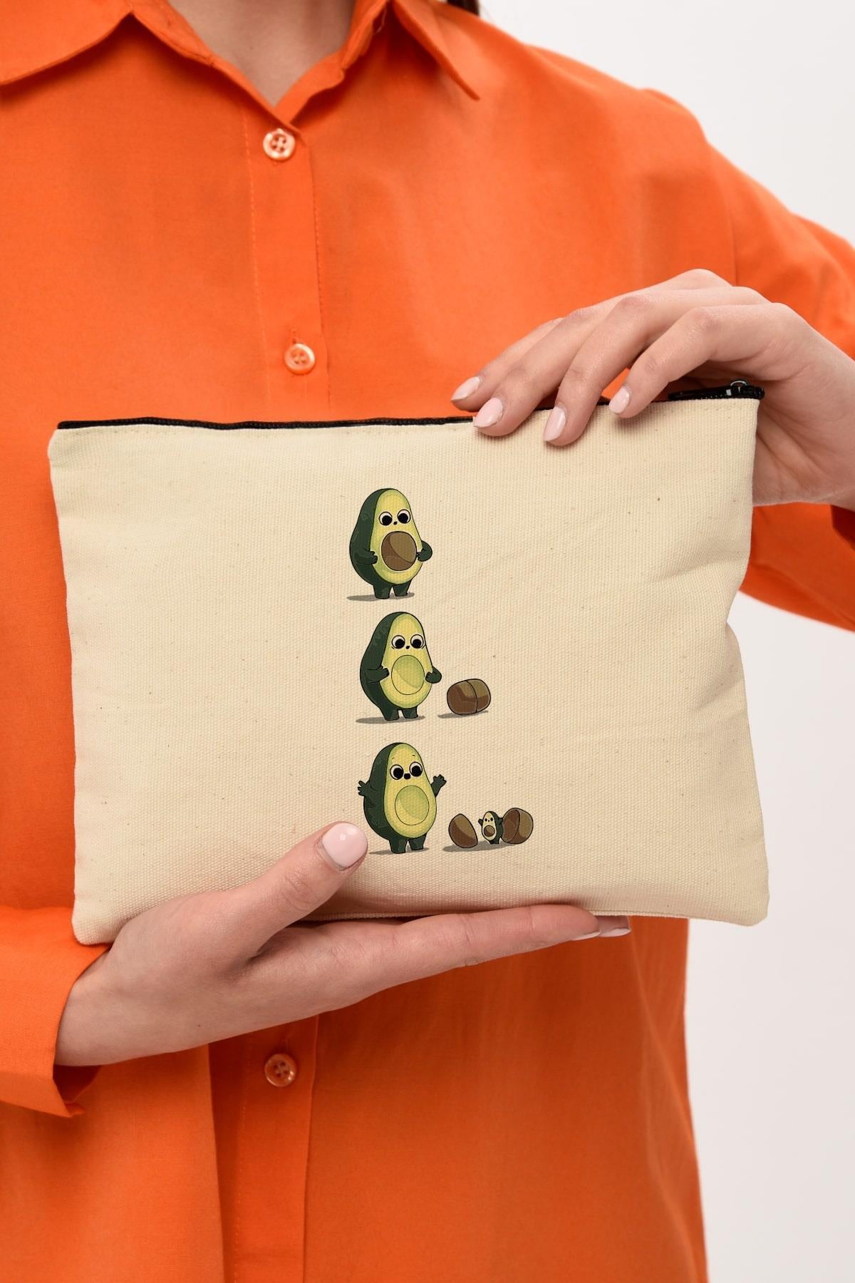 Clutch Avokado ve Yavrusu Kanvas Makyaj Çantası