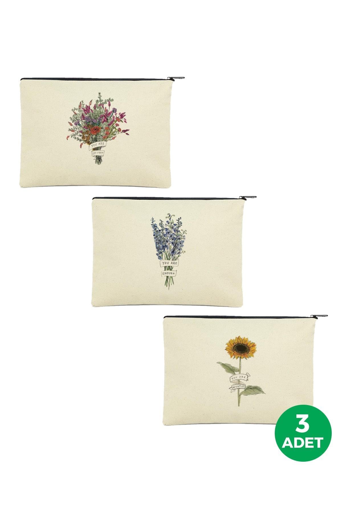3'lü Çiçek Serisi Baskılı Kanvas Clutch