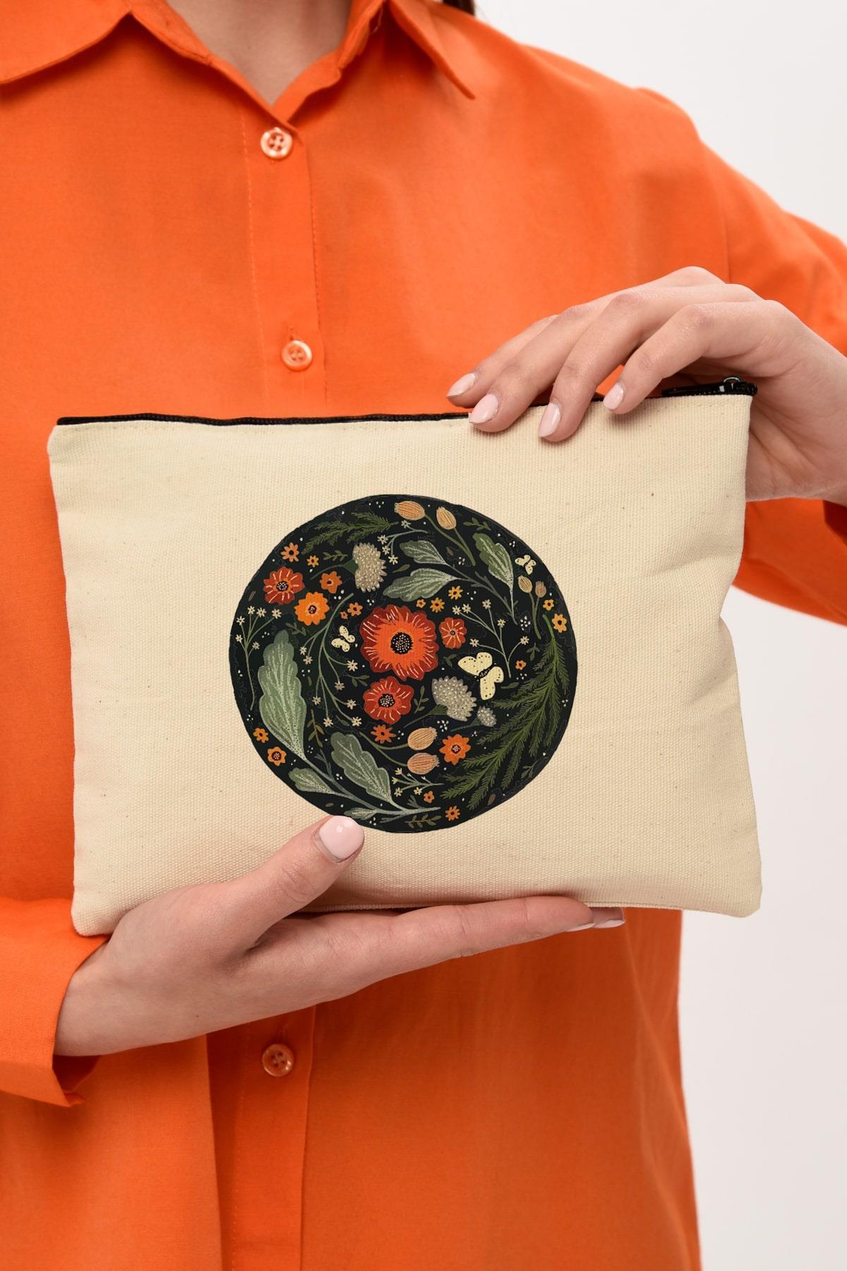 Clutch Çember Çiçek Kanvas Makyaj Çantası