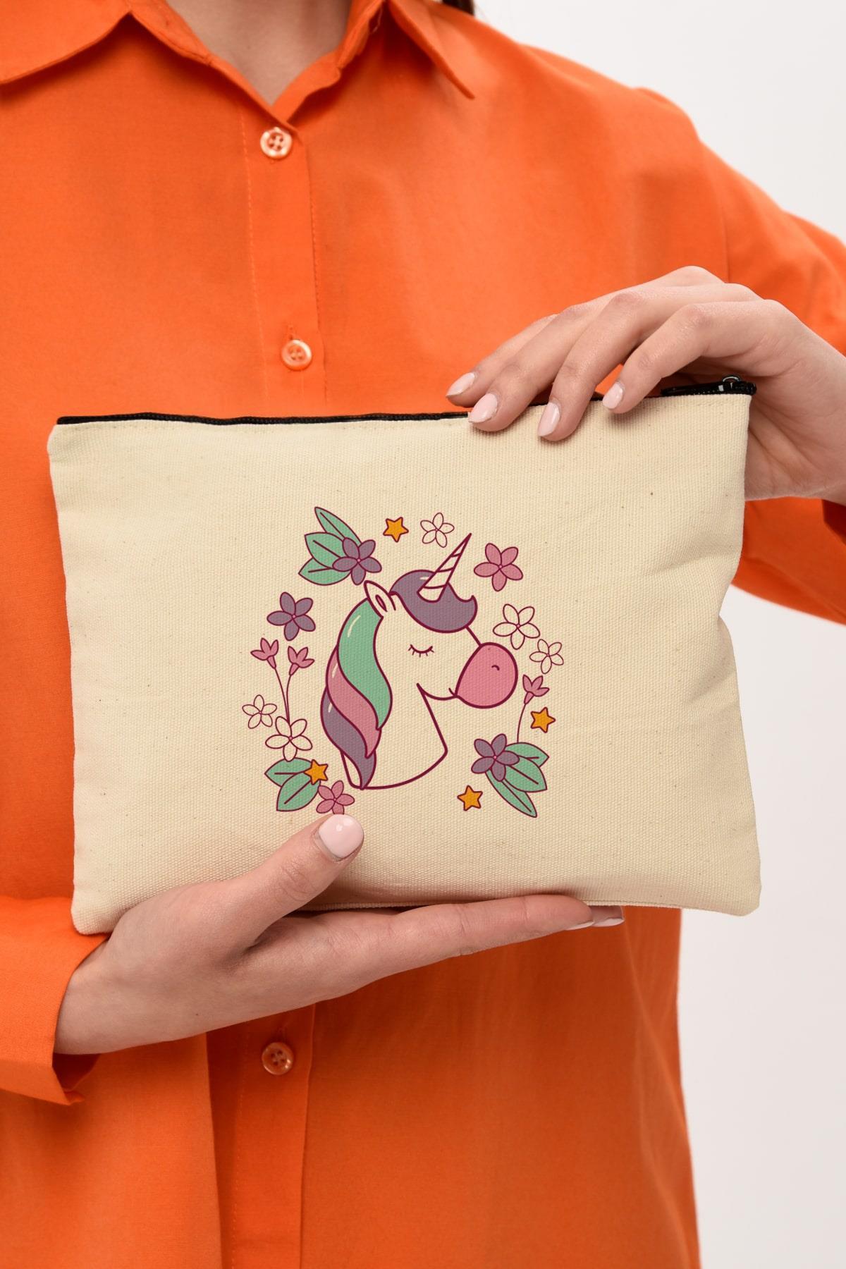 Clutch Çiçekler ve Unicorn Kanvas Makyaj Çantası