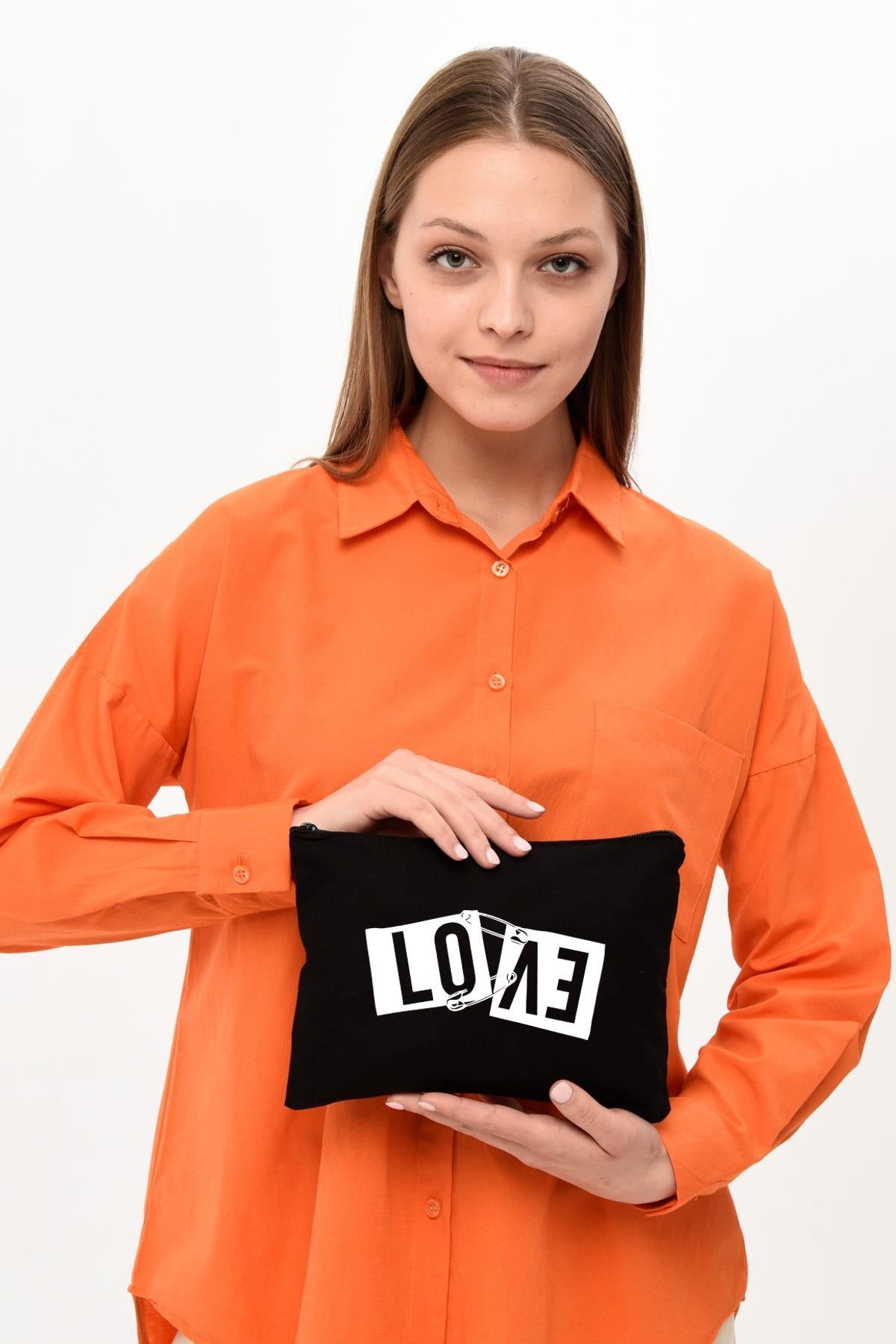 Clutch Love Çengel Siyah Kanvas Makyaj Çantası