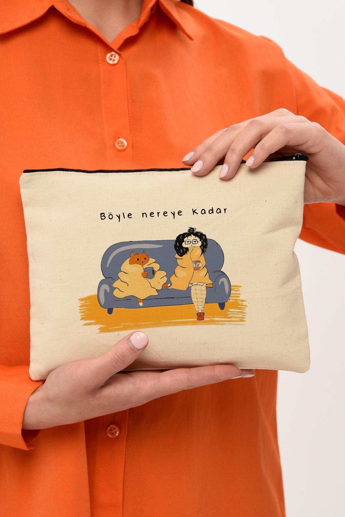 Clutch Nereye Kadar Baskılı Kanvas Makyaj Çantası