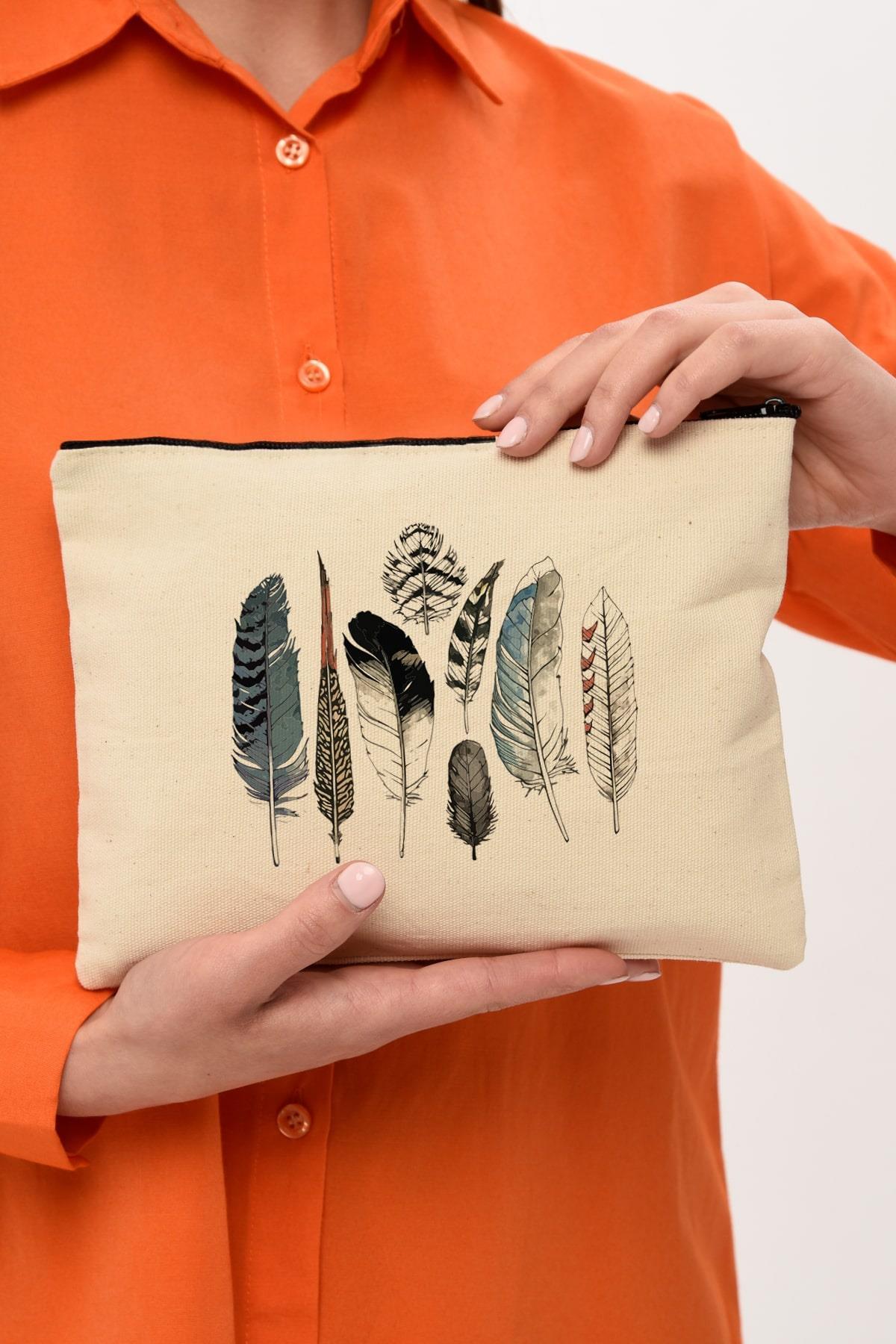 Clutch Renkli Kuş Tüyleri Kanvas Makyaj Çantası