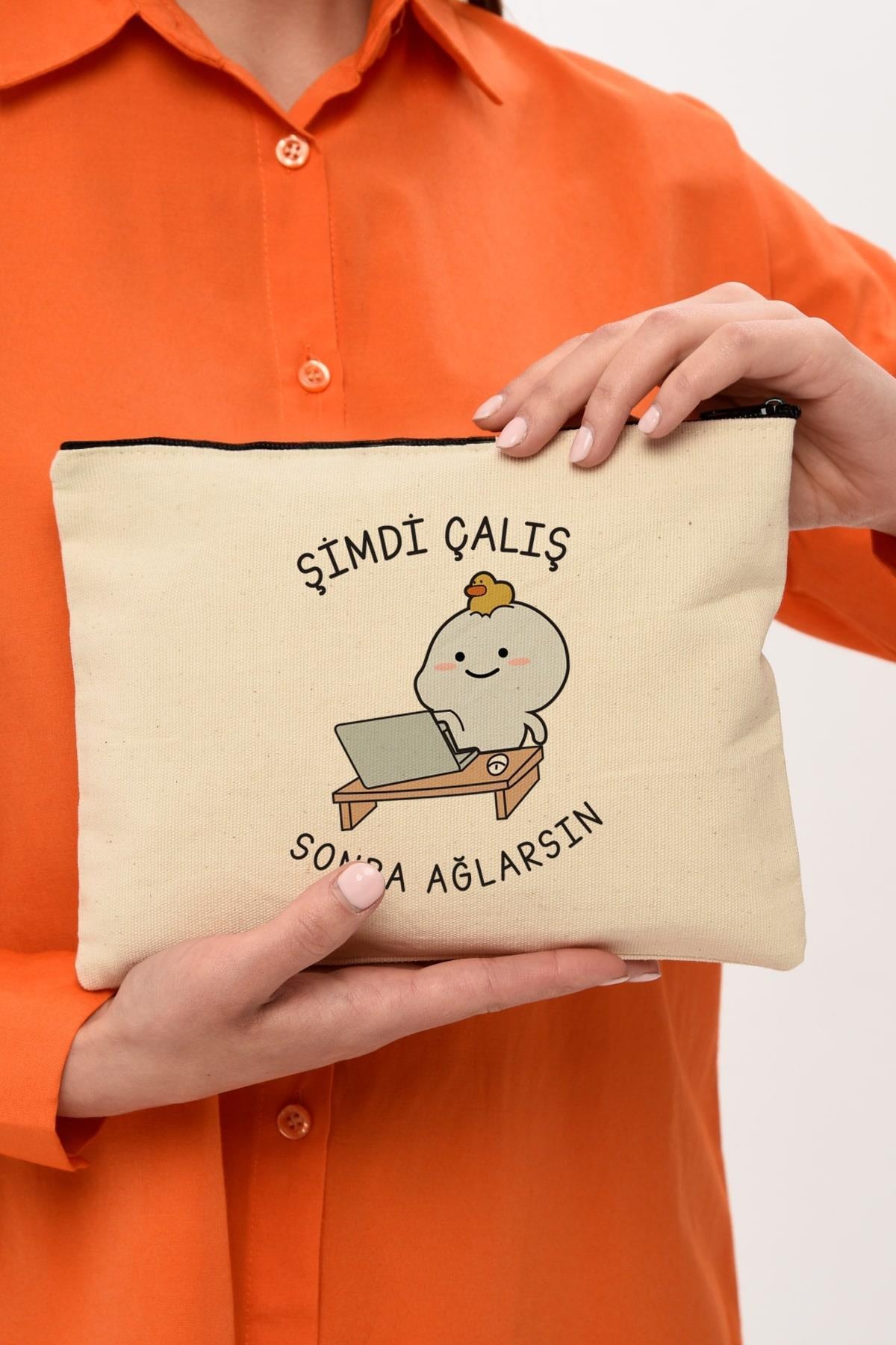 Clutch Sonra Ağlarsın Baskılı Kanvas Makyaj Çantası