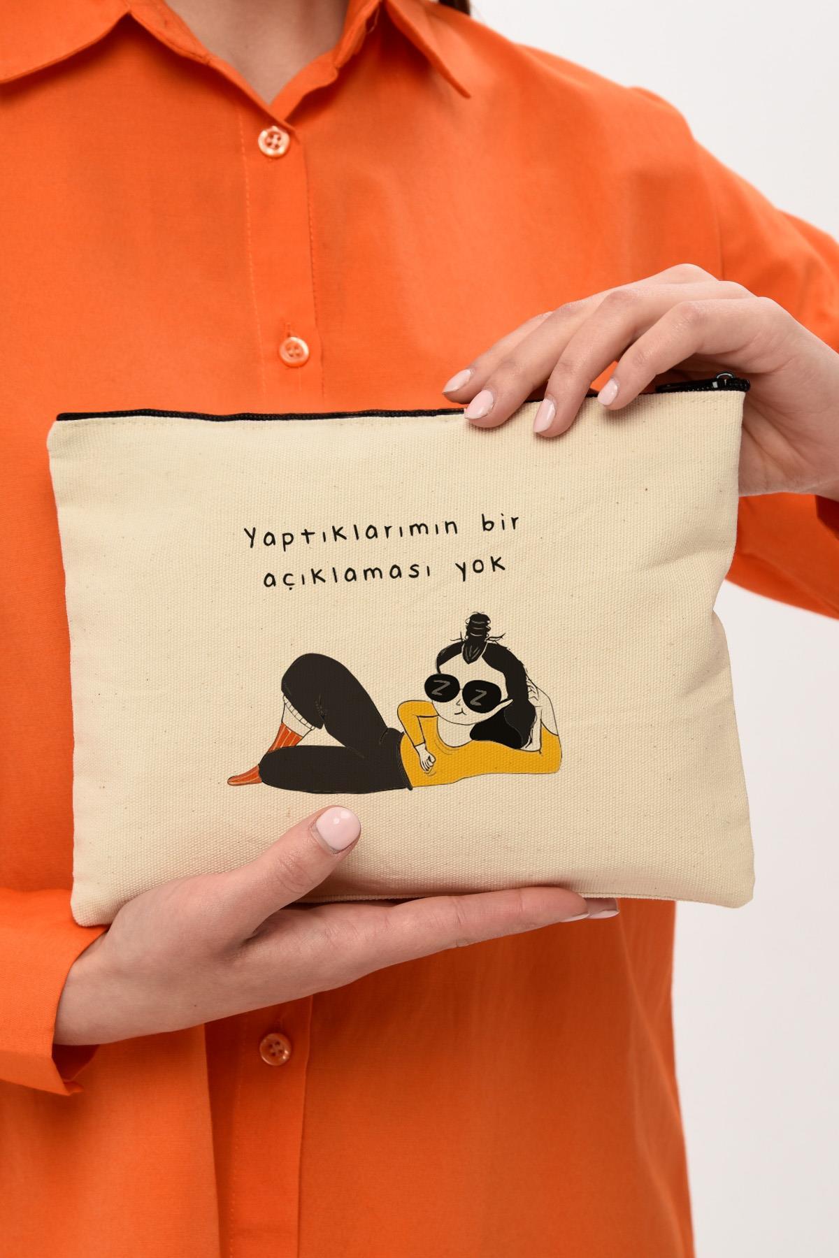 Clutch Yaptıklarımın Açıklaması Yok Baskılı Kanvas Makyaj Çantası