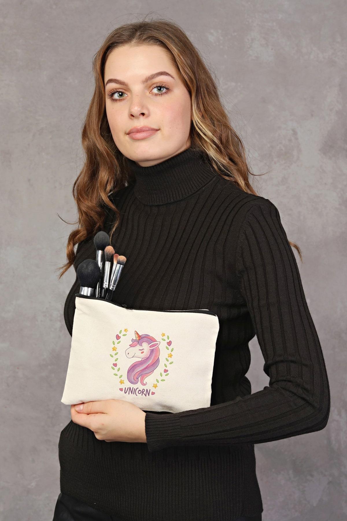 Clutch Yıldızlı Kalpli Unicorn Kanvas Makyaj Çantası