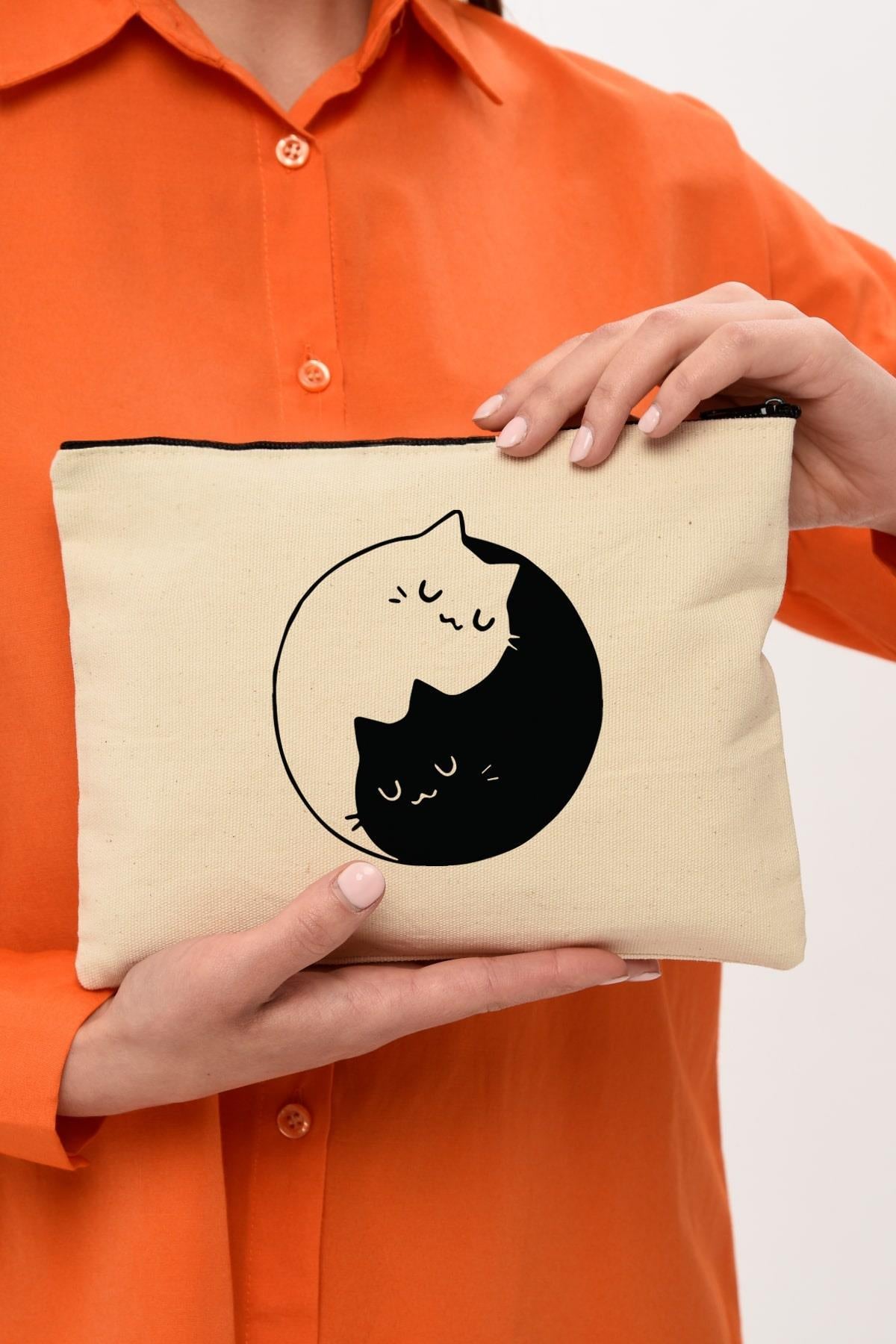 Clutch Ying Yang Cat Baskılı Makyaj Çantası | (25X17)