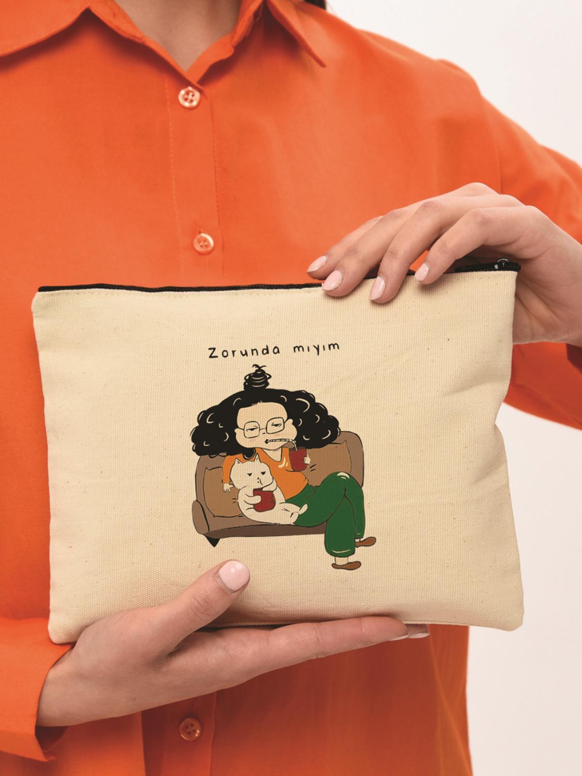 Clutch Zorunda mıyım Baskılı Kanvas Makyaj Çantası