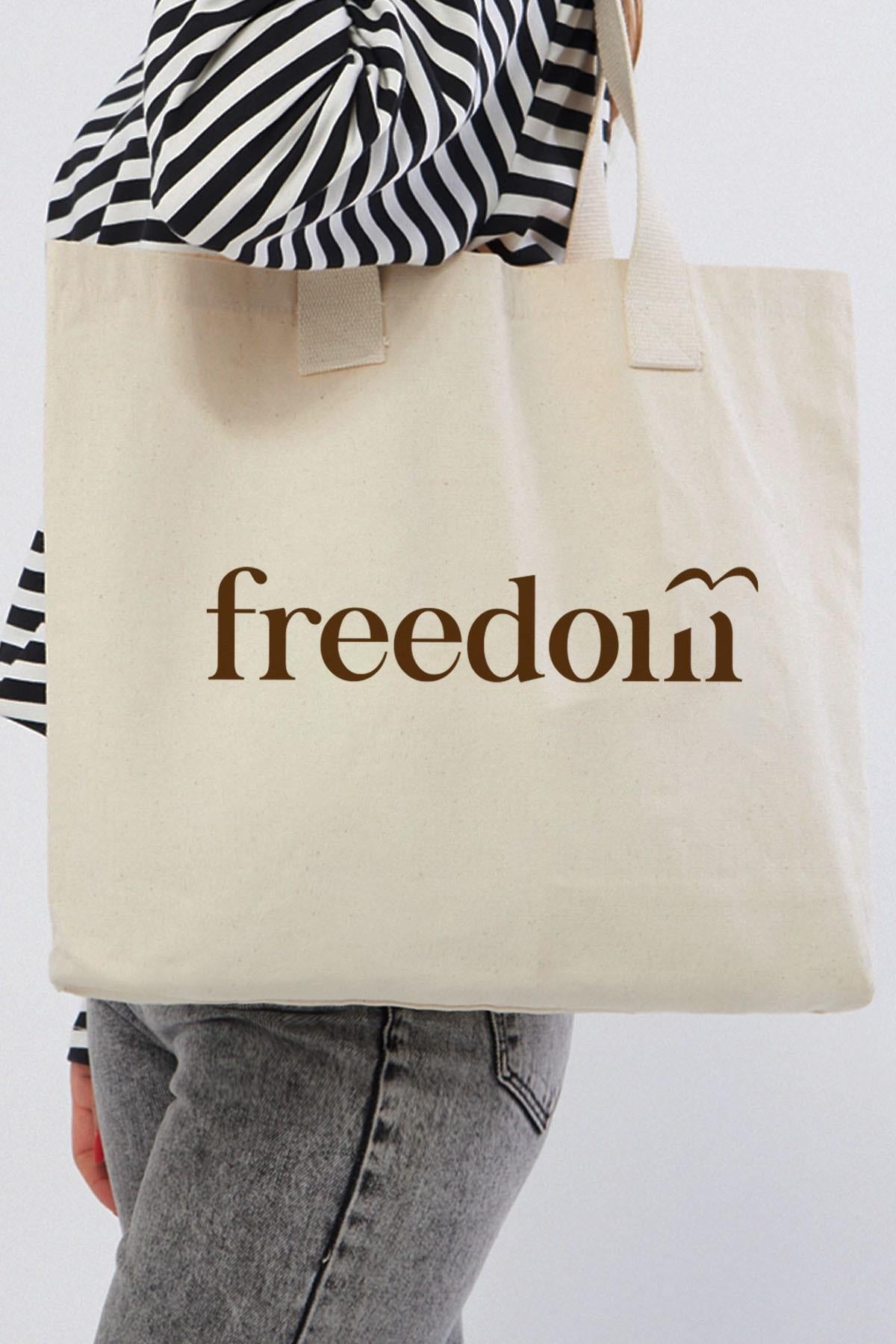Freedom Baskılı Yatay Kanvas Çanta