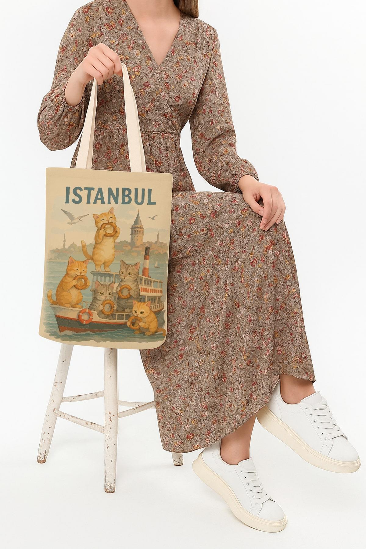 Kanvas Simit Yiyen Kediler Baskılı Bez Çanta