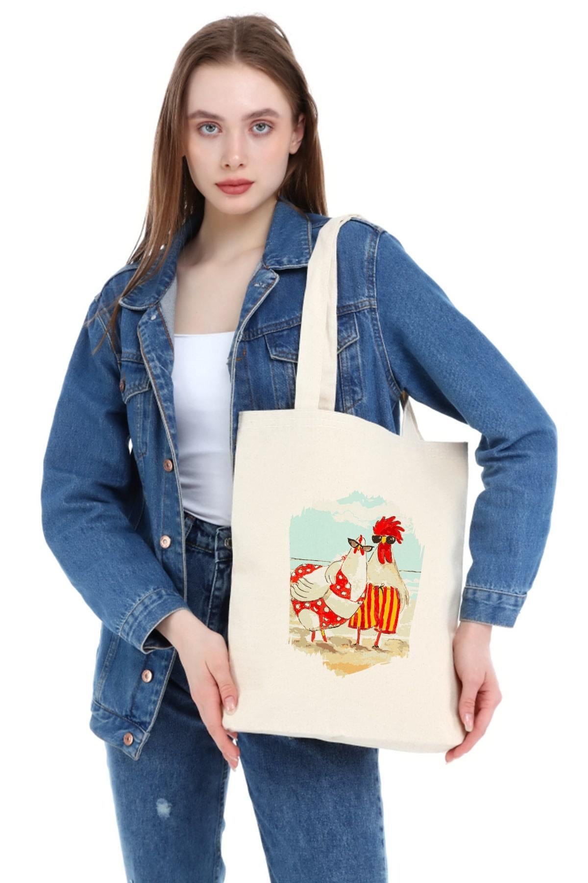 Kanvas Chicken Summer Photo Baskılı Bez Çanta