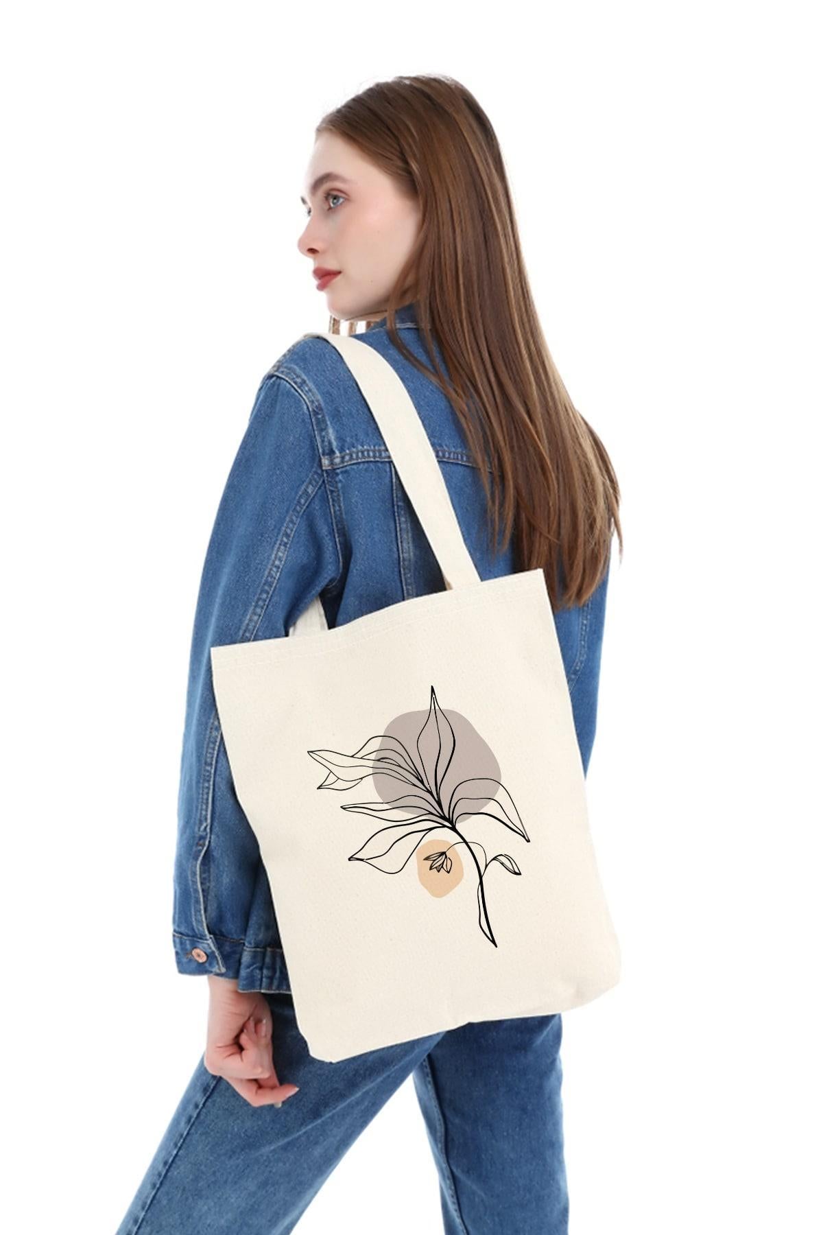 Kanvas Draw Cream Flower Baskılı Bez Çanta