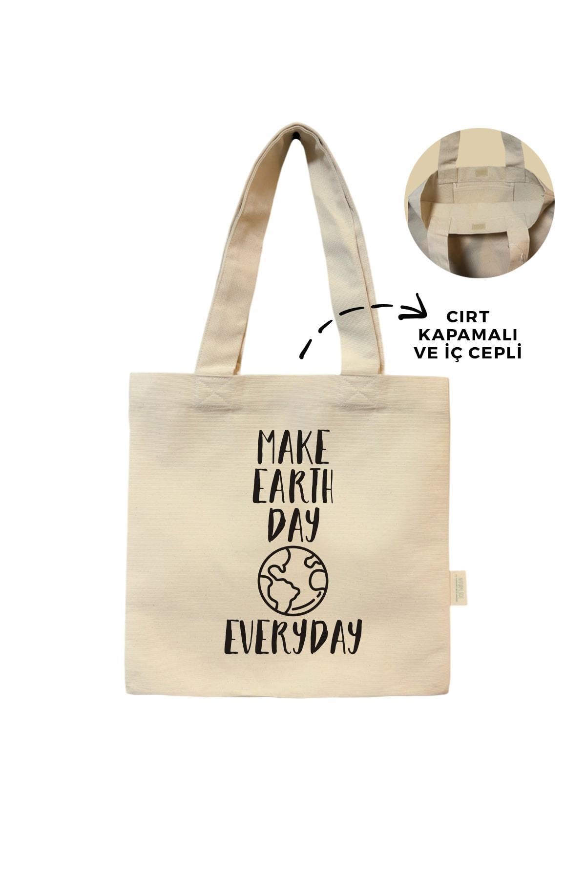 Kanvas Make Earth Day Every Day Baskılı Cırtlı Çanta