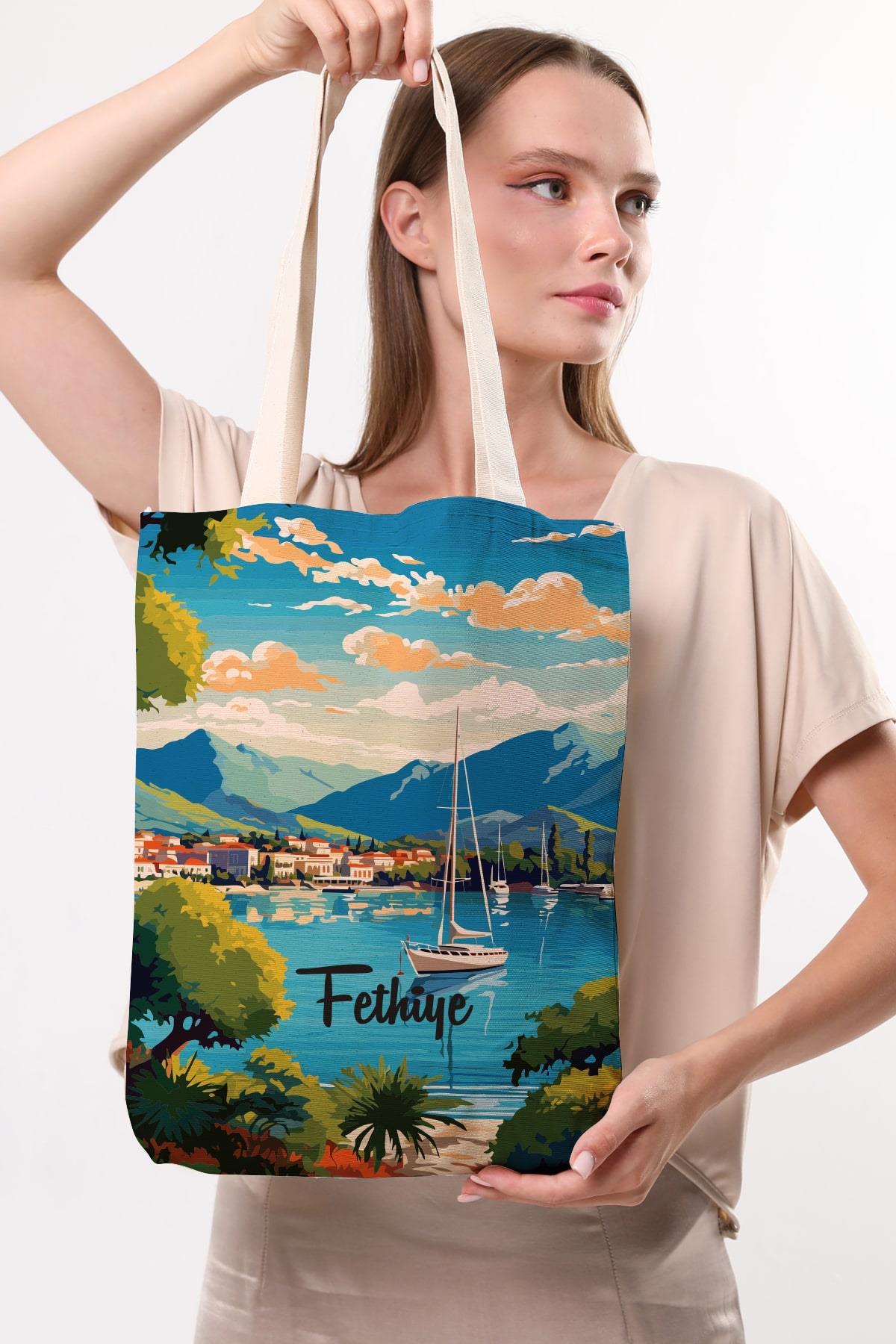 Kanvas Fethiye Baskılı Bez Çanta