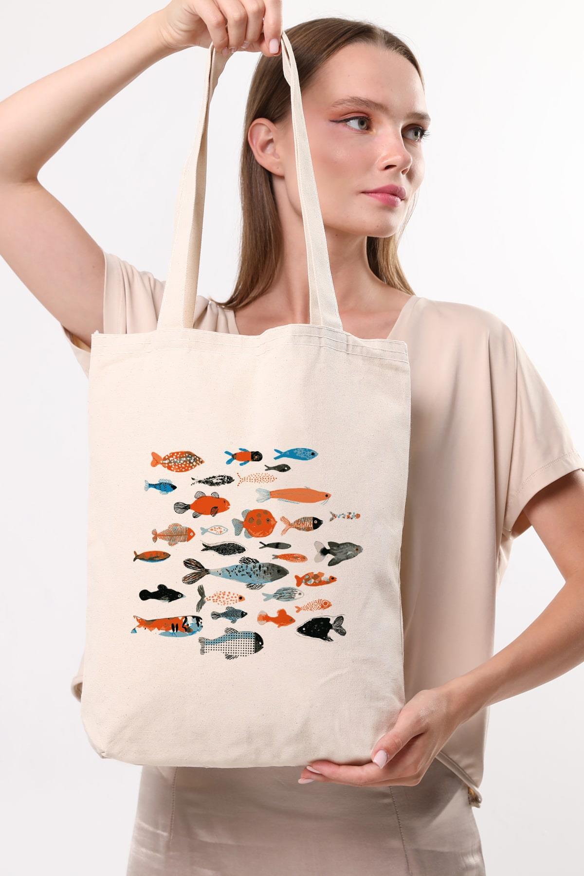 Kanvas Fishes Baskılı Bez Çanta