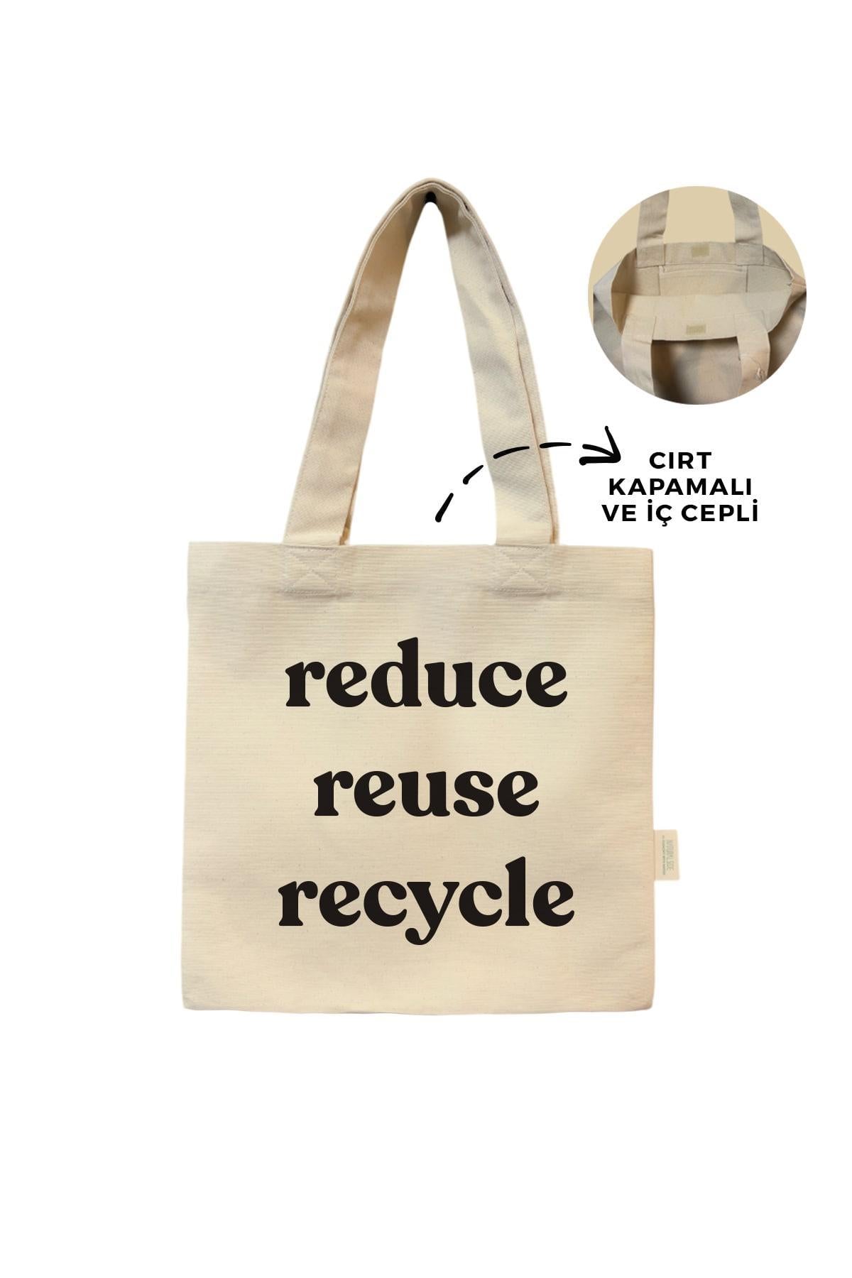 Kanvas Reduce Reuse Recycle Baskılı Cırtlı Çanta