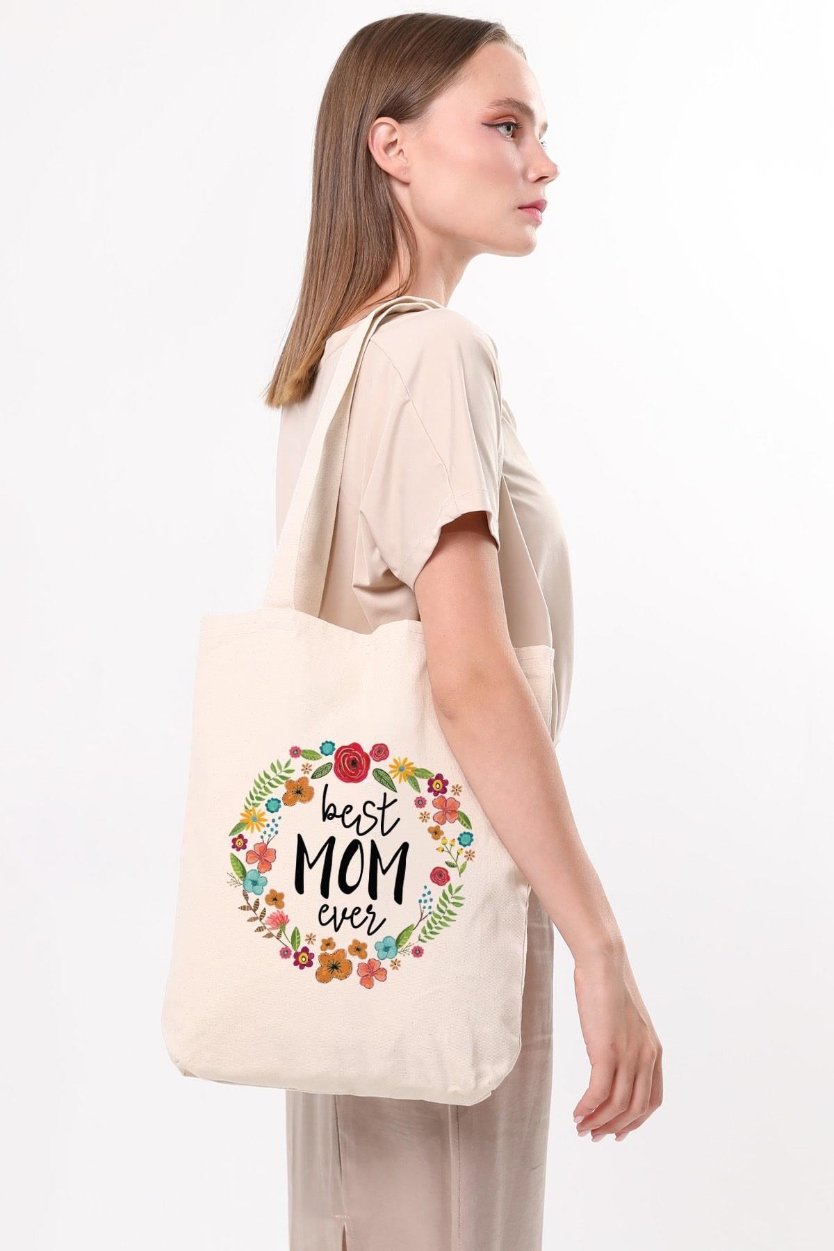 Kanvas Best Mom Ever Baskılı Bez Çanta