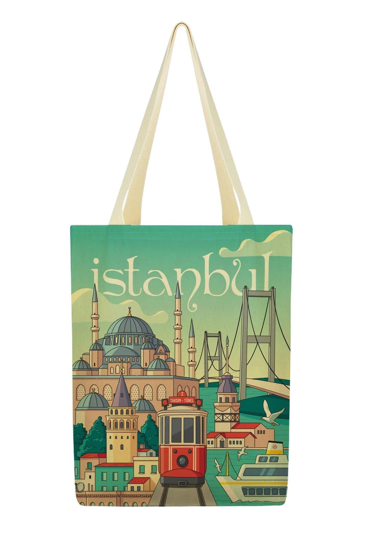 Kanvas Turkuaz İstanbul Baskılı Bez Çanta