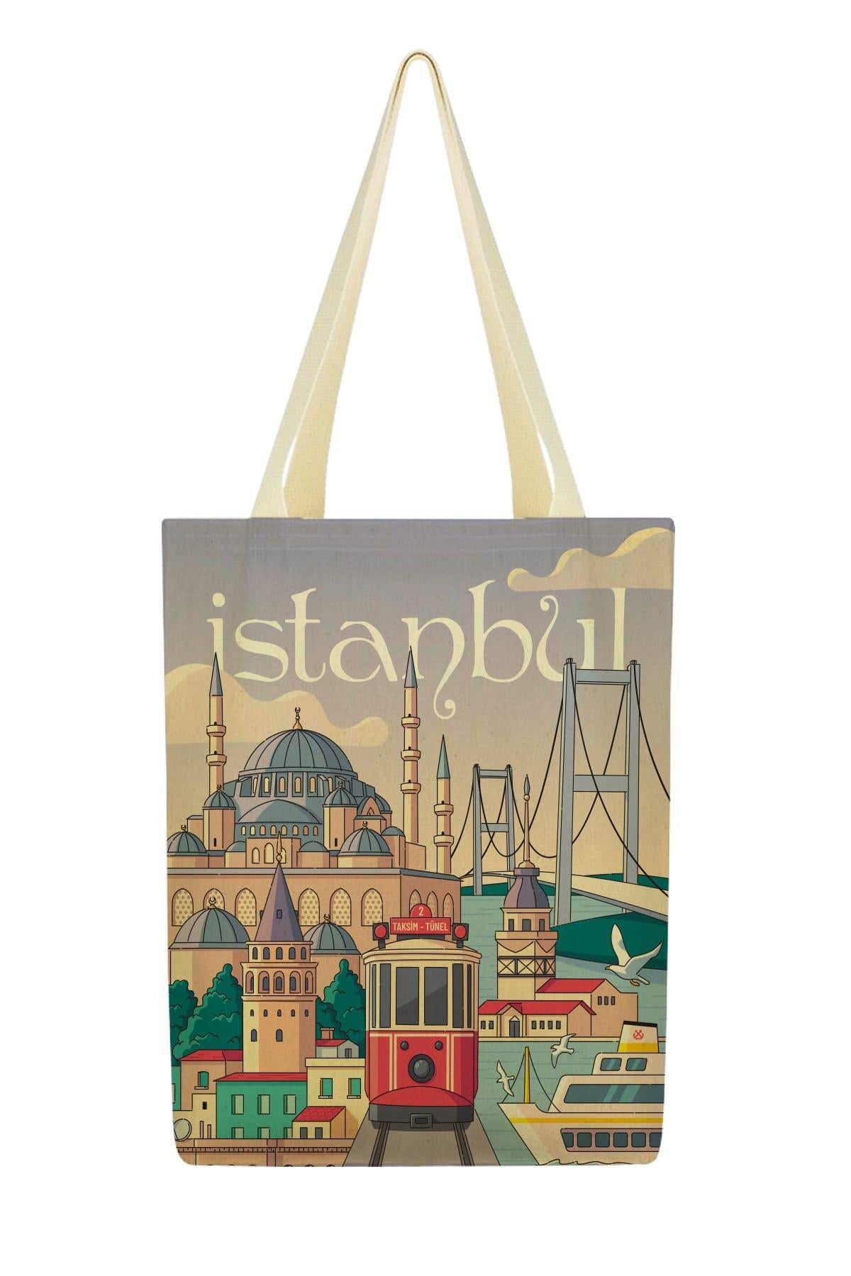 Kanvas Lila İstanbul Baskılı Bez Çanta