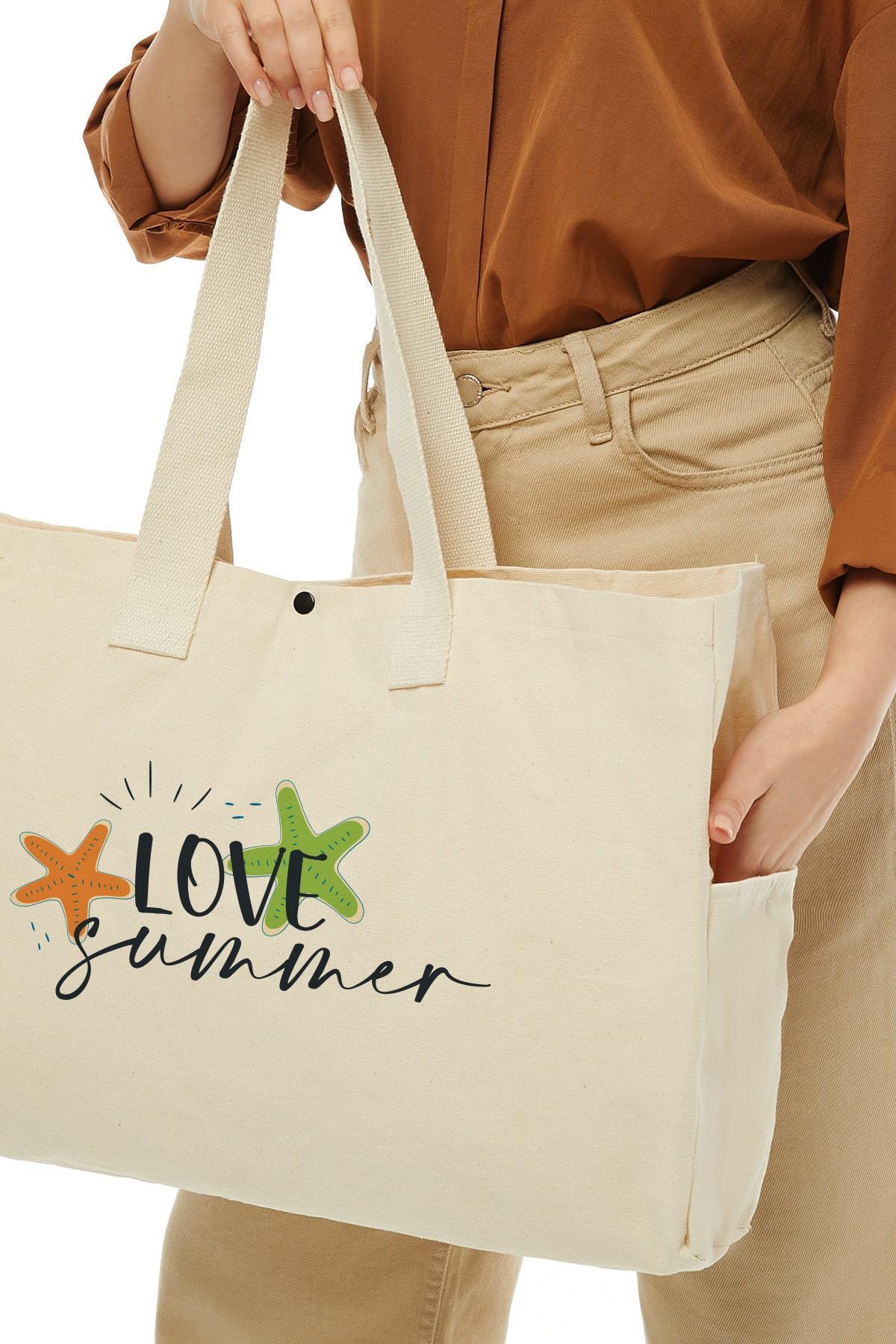 Kanvas Love Summer Baskılı Büyük Boy Çanta