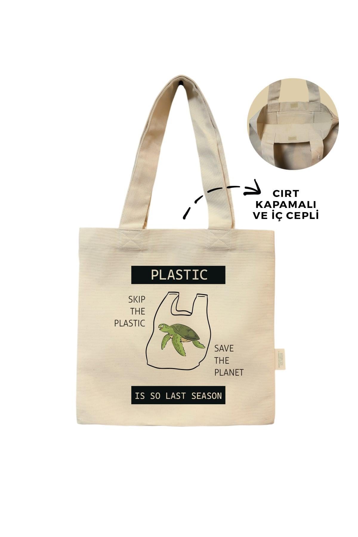 Kanvas Plastic Is So Last Season Baskılı Cırtlı Çanta