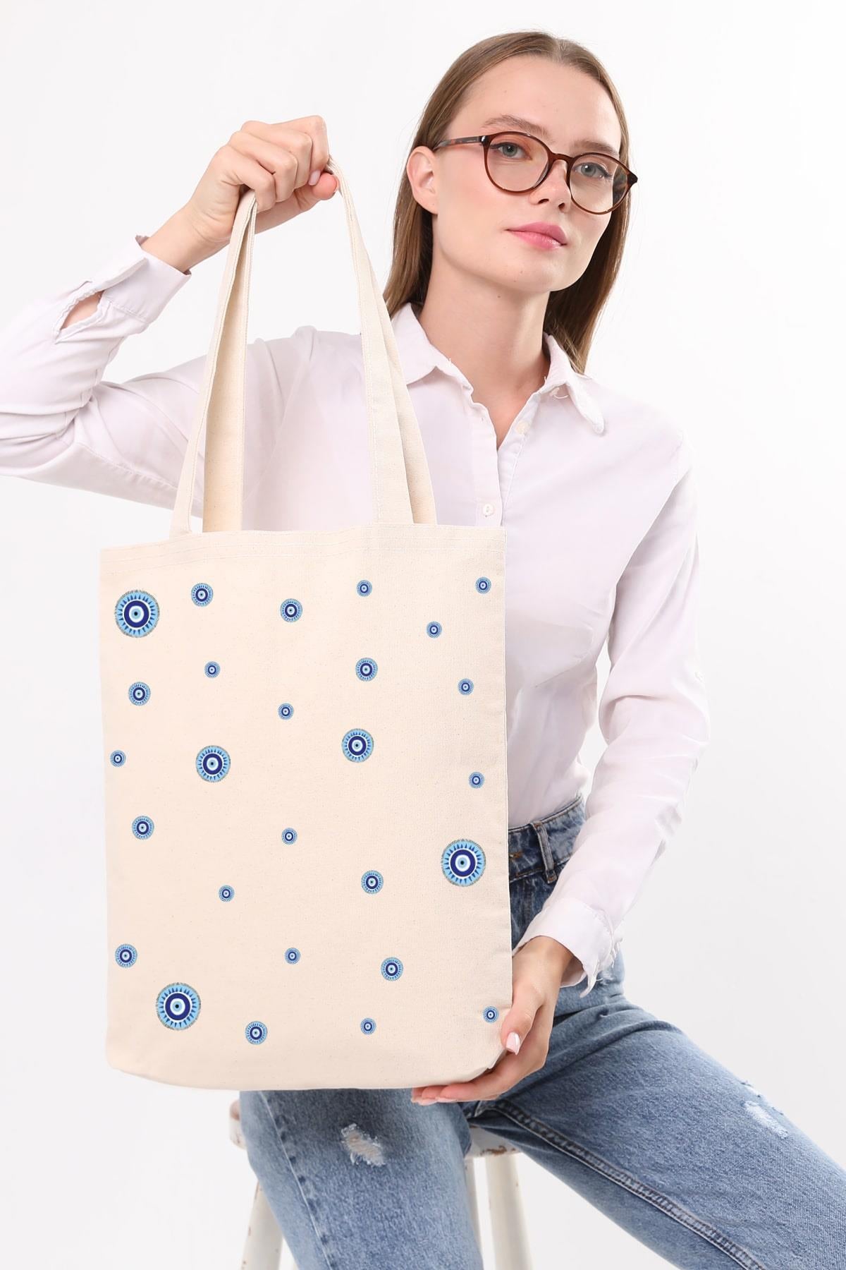 Kanvas Minik Nazar Boncukları Baskılı Bez Çanta