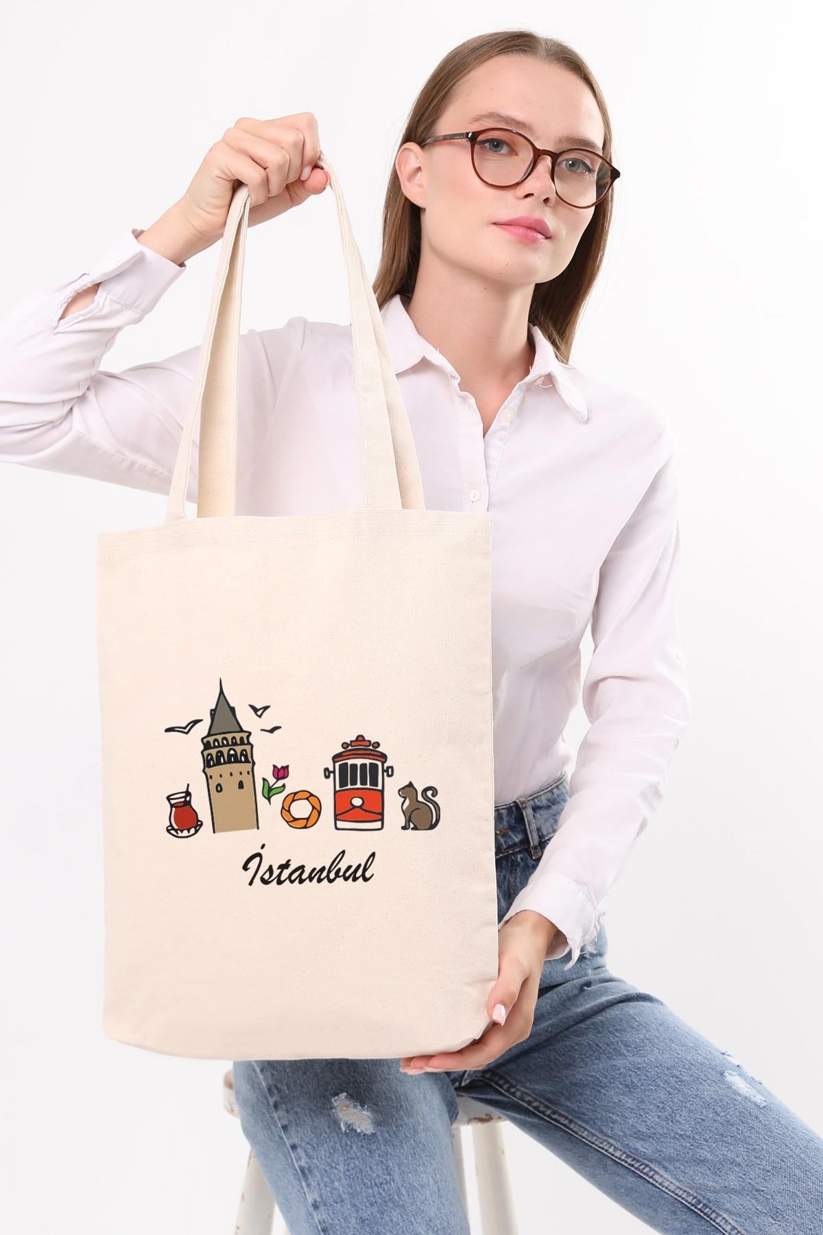 Kanvas İstanbul Galata Çay Baskılı Bez Çanta