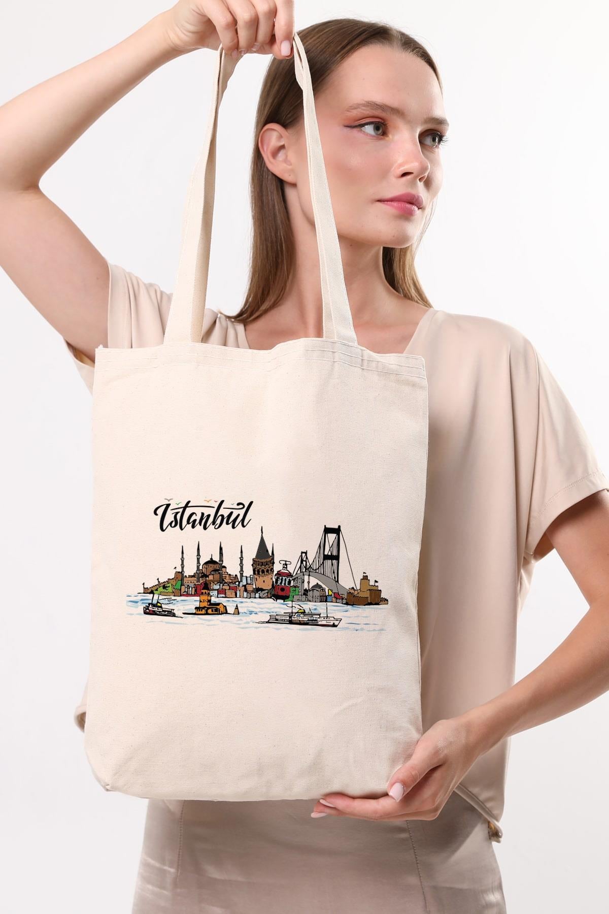 Kanvas Renkli İstanbul Baskılı Bez Çanta