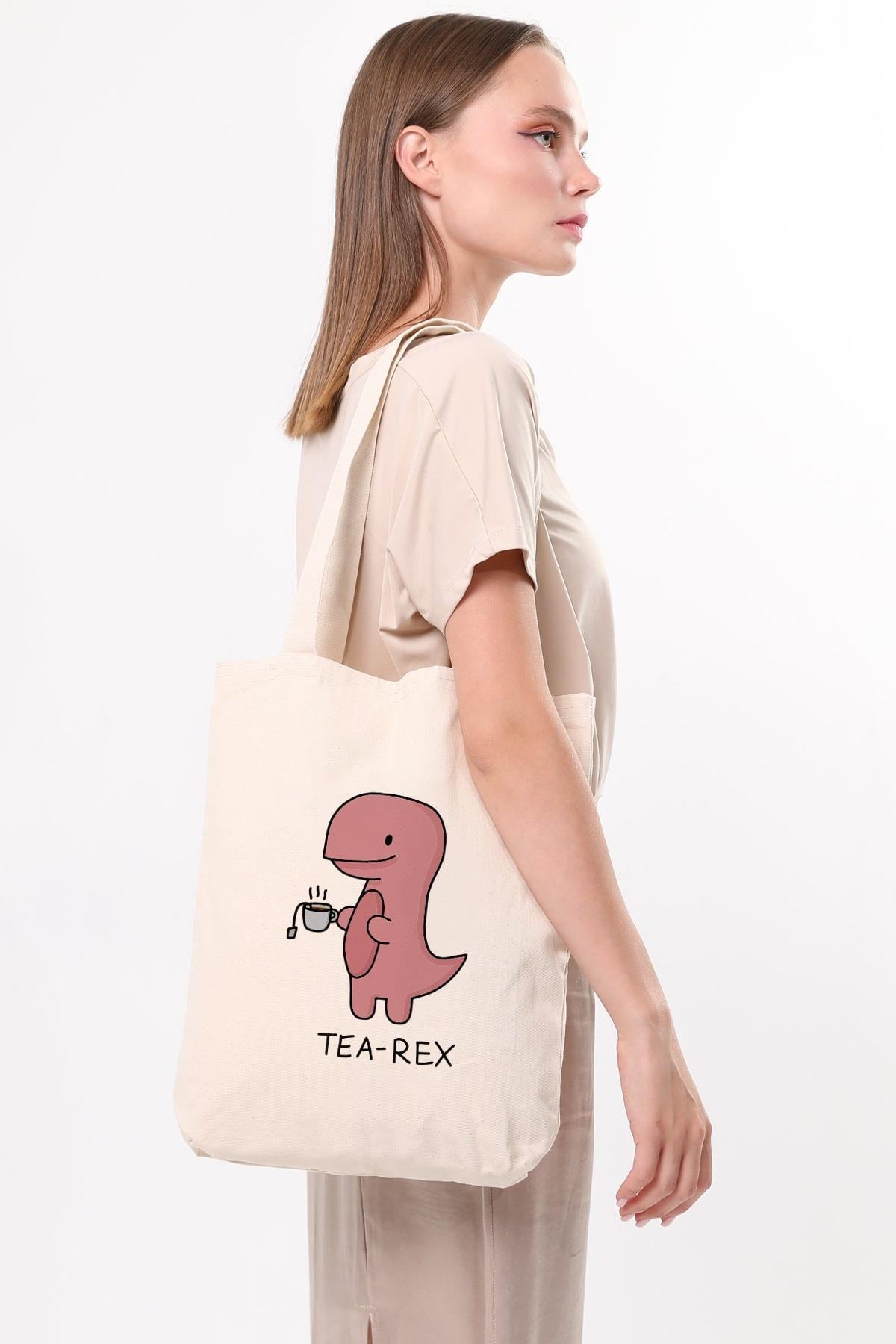 Kanvas Tea-rex Baskılı Bez Çanta