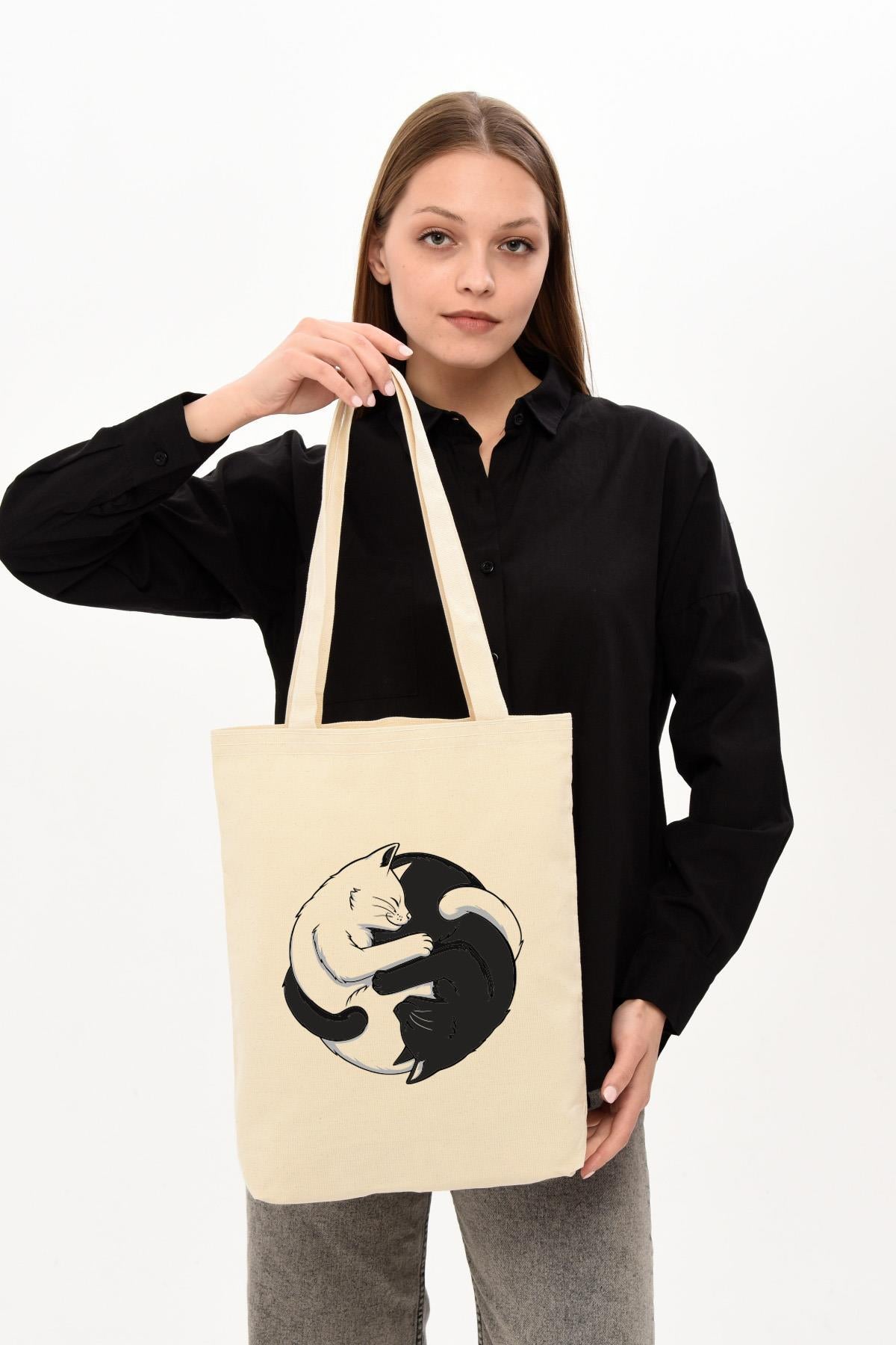 Kanvas Ying Yang Kediler Baskılı Bez Çanta