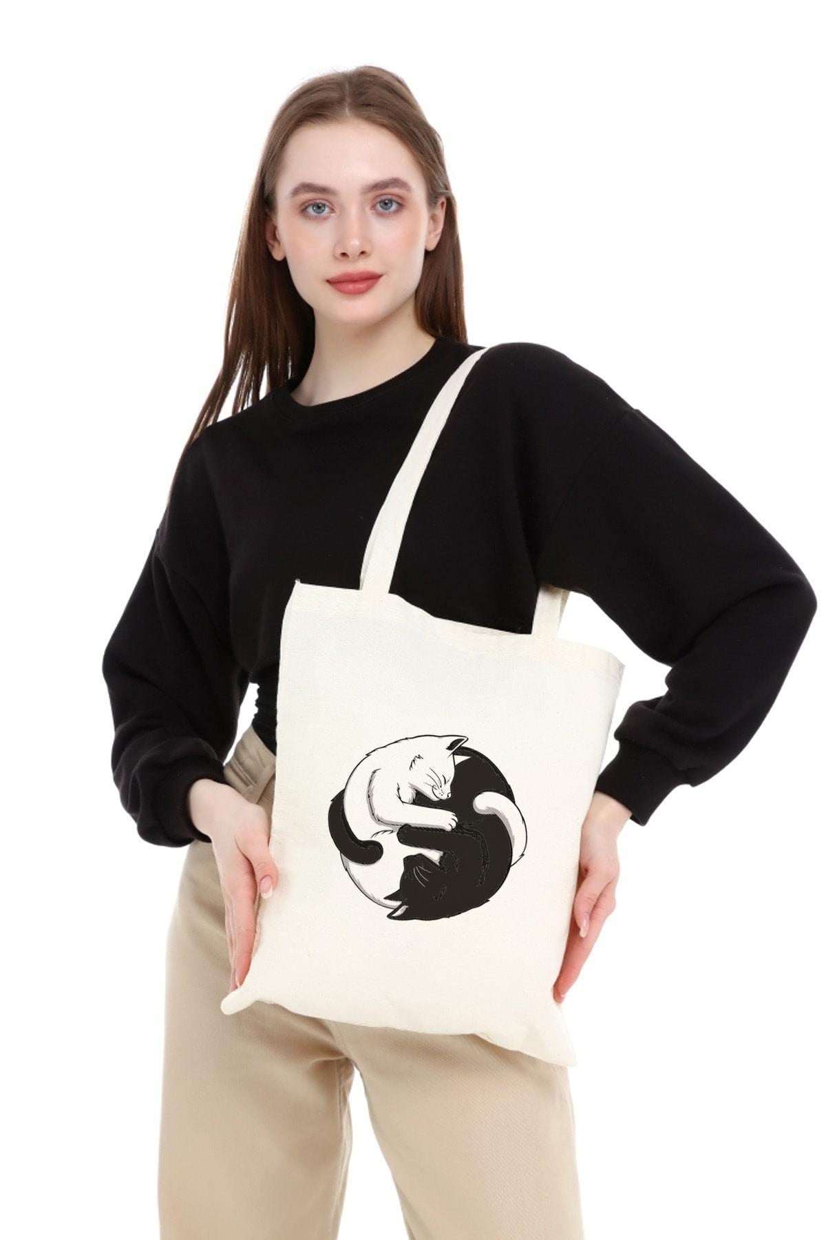 Ying Yang Kediler Baskılı Bez Çanta