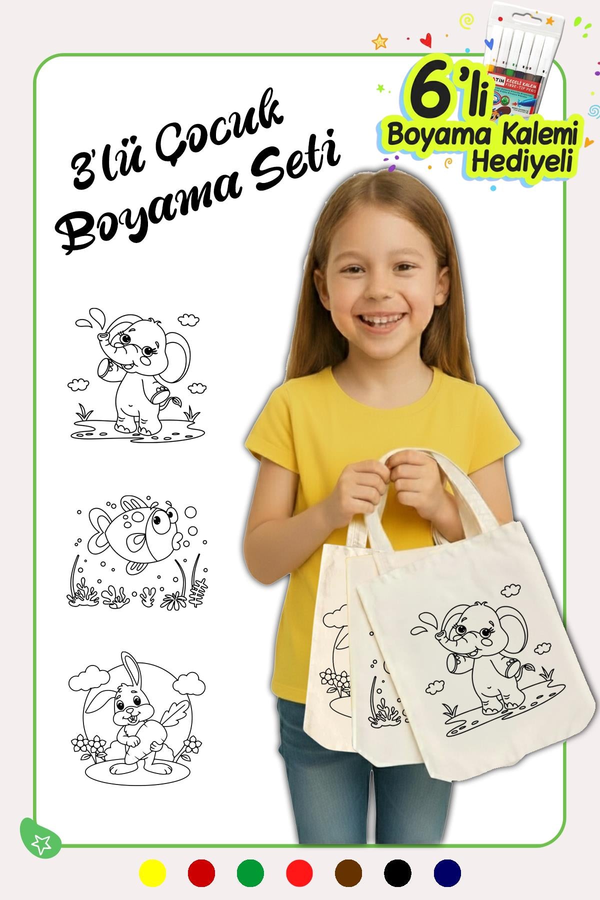 3 Adet Şirin Hayvanlar Desenli Boyama Çantası