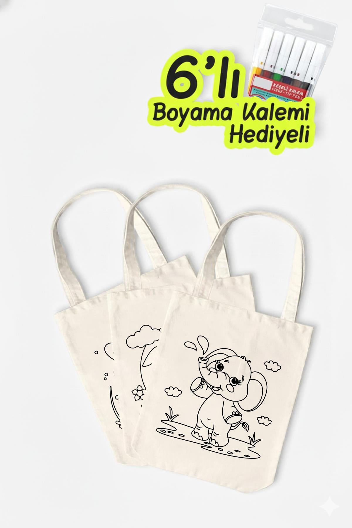 3 Adet Şirin Hayvanlar Desenli Boyama Çantası