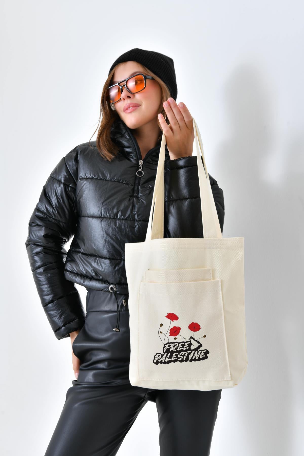 2 Cepli Free Baskılı Ekru Gabardin Çanta