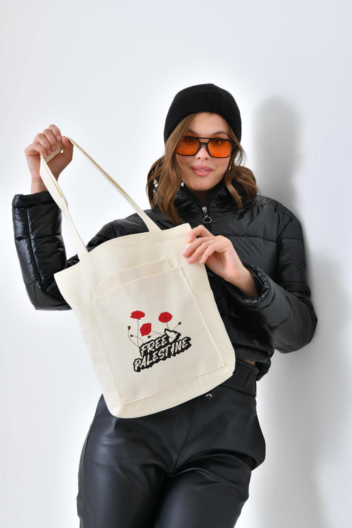 2 Cepli Free Baskılı Ekru Gabardin Çanta