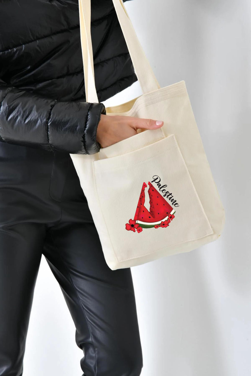 2 Cepli Karpuz Baskılı Ekru Gabardin Çanta