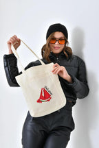 2 Cepli Karpuz Baskılı Ekru Gabardin Çanta