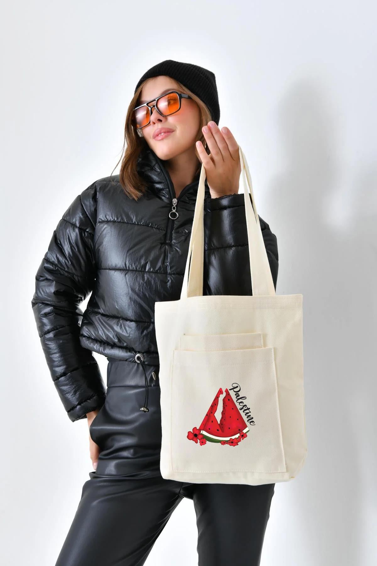 2 Cepli Karpuz Baskılı Ekru Gabardin Çanta