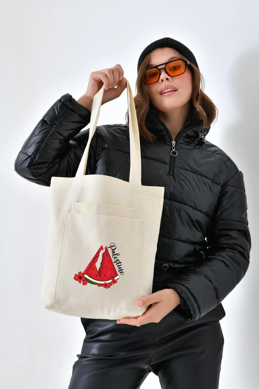 2 Cepli Karpuz Baskılı Ekru Gabardin Çanta