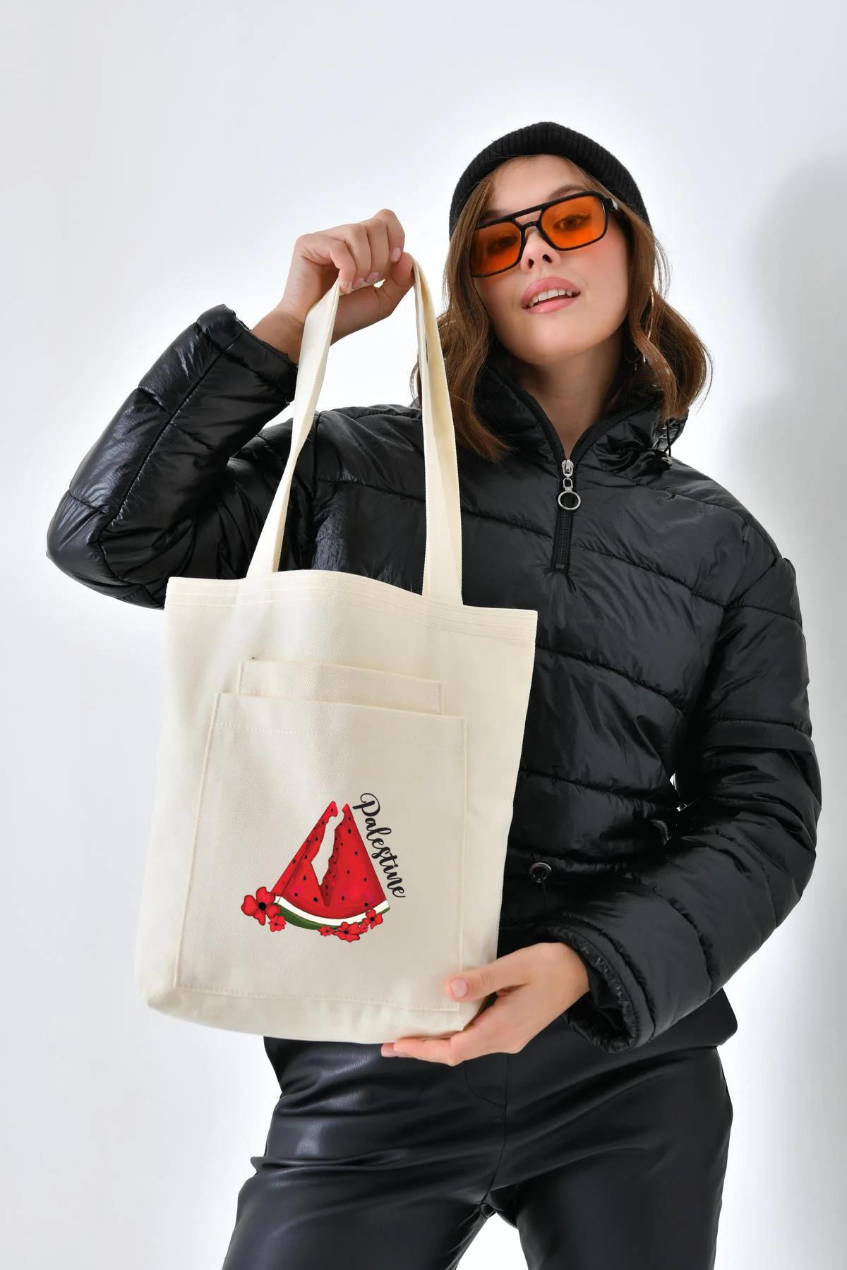 2 Cepli Karpuz Baskılı Ekru Gabardin Çanta