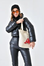 2 Cepli Karpuz Baskılı Ekru Gabardin Çanta