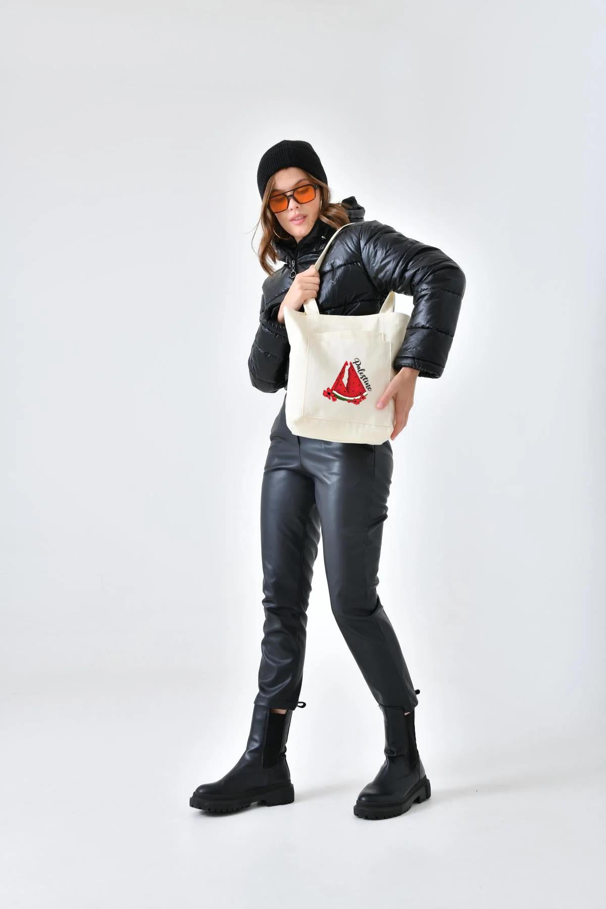 2 Cepli Karpuz Baskılı Ekru Gabardin Çanta