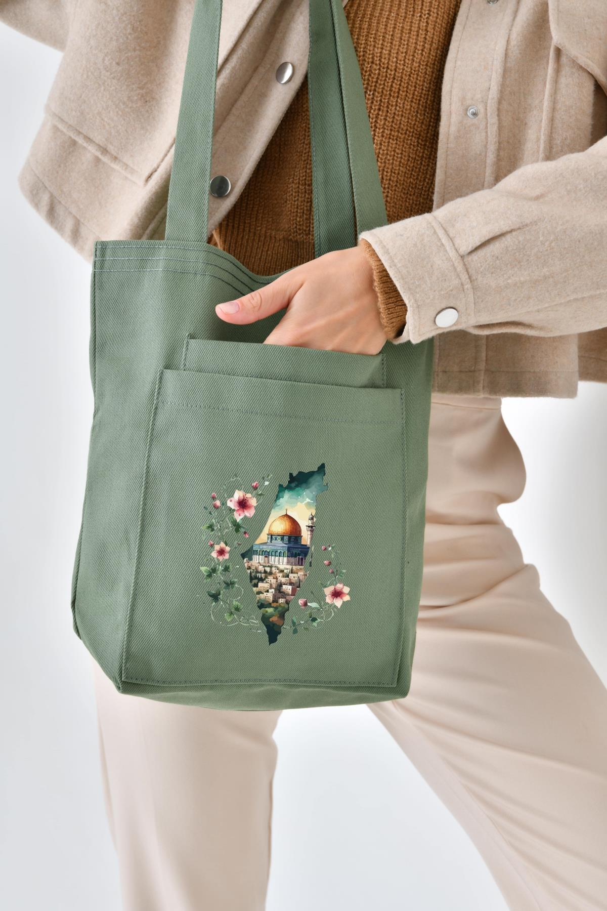 Mint yeşili gabardin çanta  - 2 cepli  - filistin baskılı  doğa dostu bez çanta