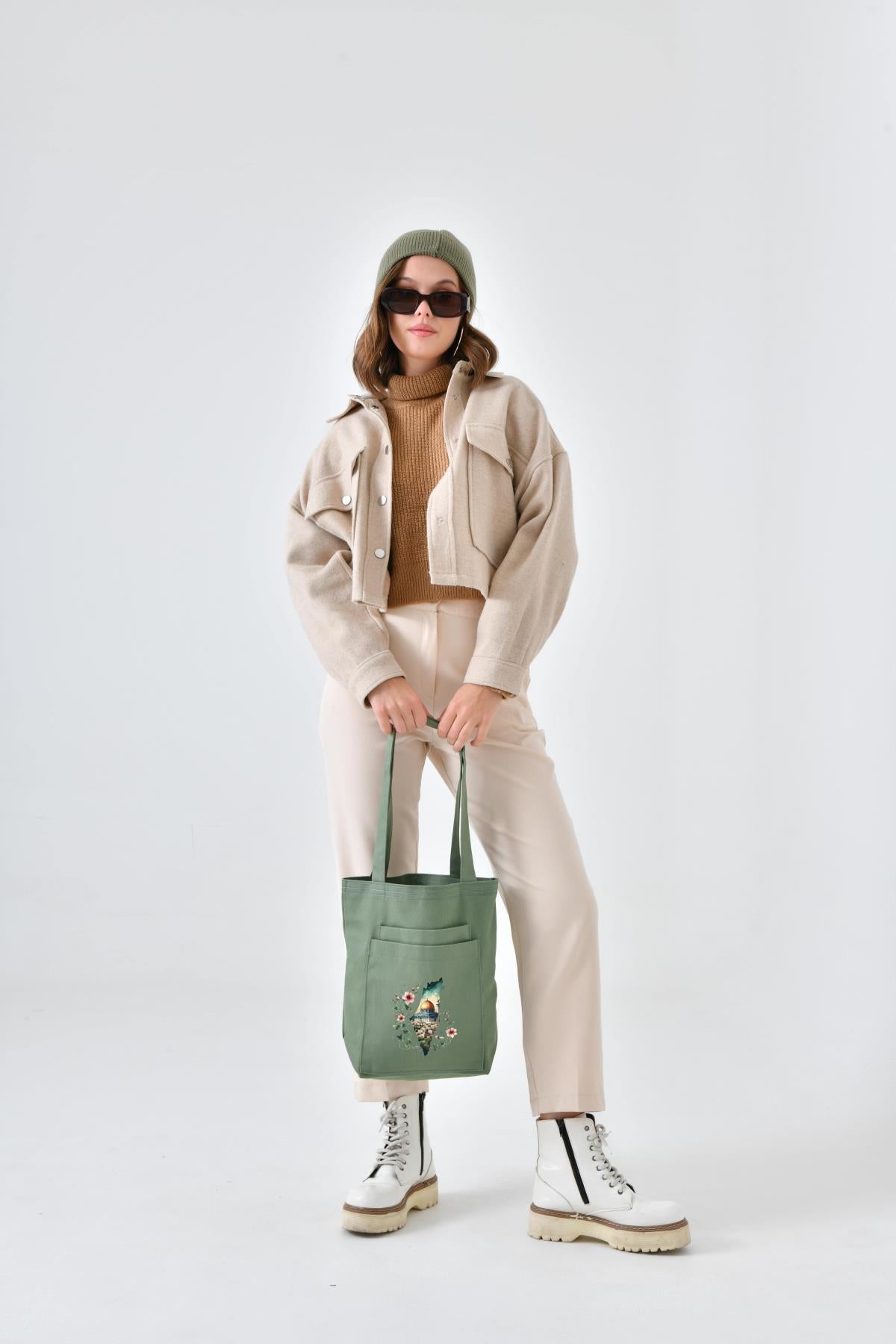 Mint yeşili gabardin çanta  - 2 cepli  - filistin baskılı  doğa dostu bez çanta