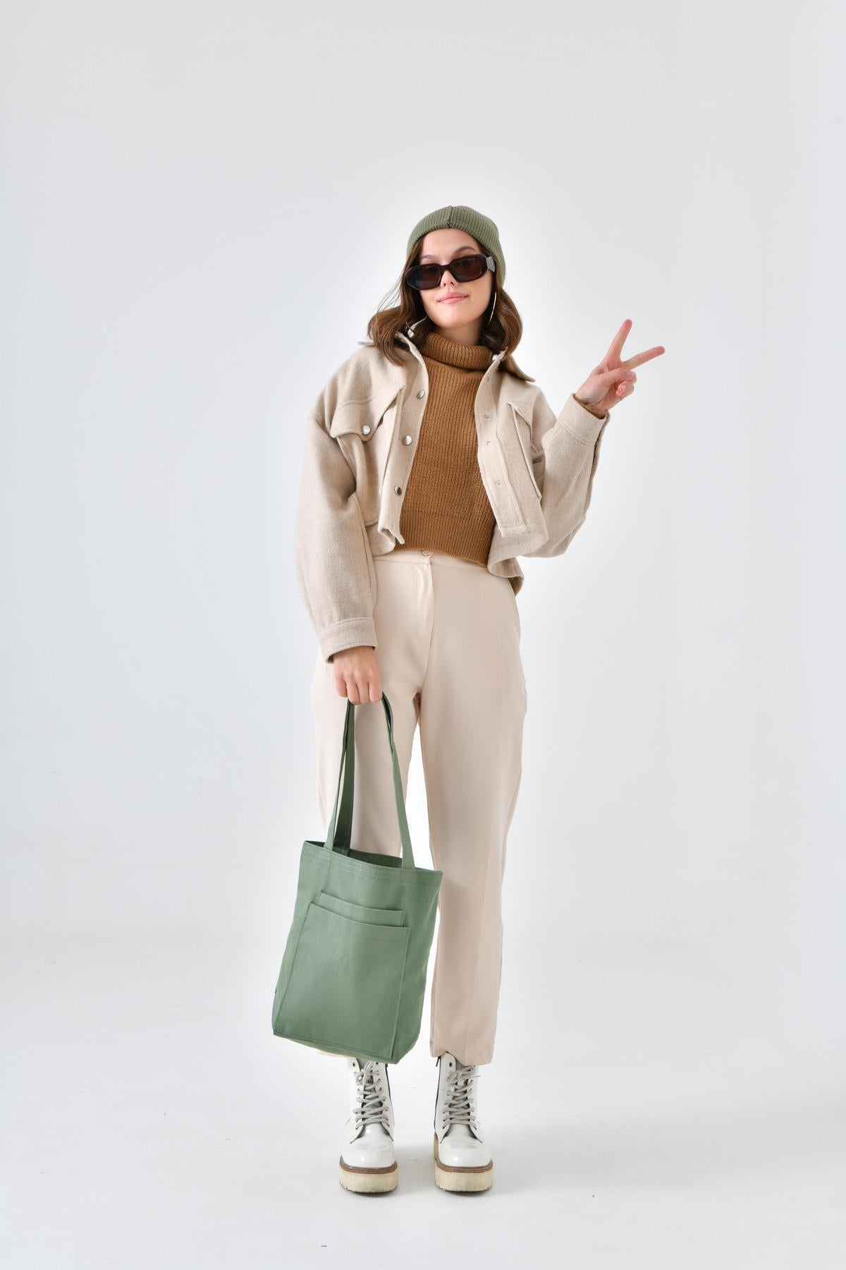 2 Cepli Mint Yeşili Gabardin Çanta