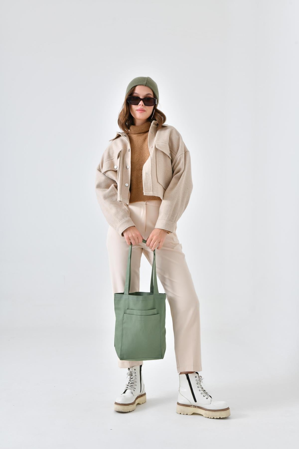 2 Cepli Mint Yeşili Gabardin Çanta